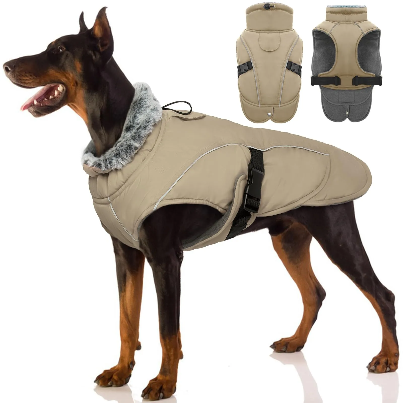 Giacca per cani, impermeabile, per cani di taglia grande, impermeabile, con foro per imbracatura, cappotto per esterni (cachi, XL) - immagine 1