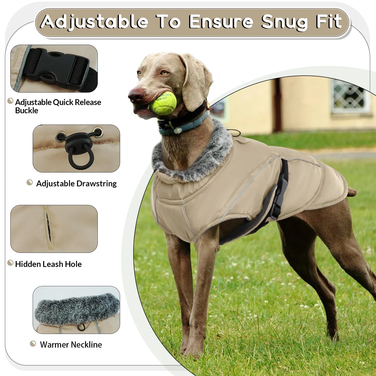 Giacca per cani, impermeabile, per cani di taglia grande, impermeabile, con foro per imbracatura, cappotto per esterni (cachi, XL) - immagine 3