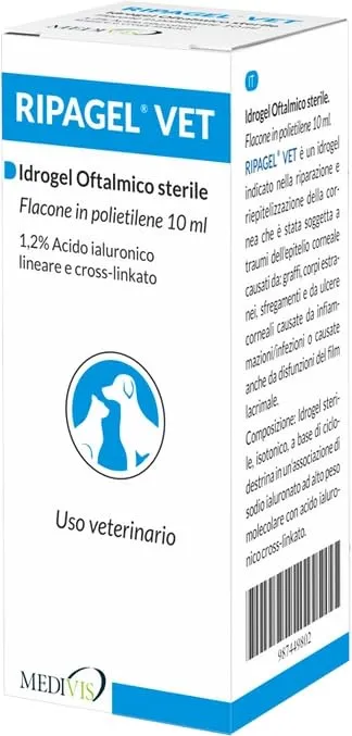 Generico Ripagel Vet 10 ml | Idrogel oftalmico sterile con Acido ialuronico lineare e Cross-linkato per la Riparazione e la riepitelizzazione della Cornea di Cani e Gatti - immagine 1