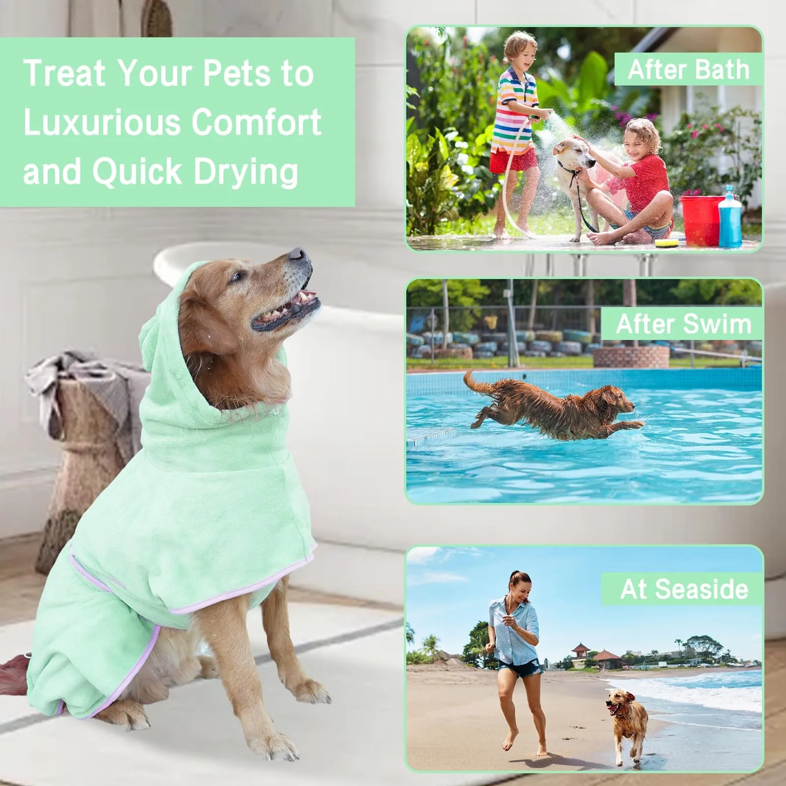 Fnaobai Accappatoio per animali domestici per cani e gatti, ad asciugatura rapida, grazioso asciugamano con cappuccio, collare regolabile e cinghia per la pancia, per piscina e spiaggia (verde, S) - immagine 4