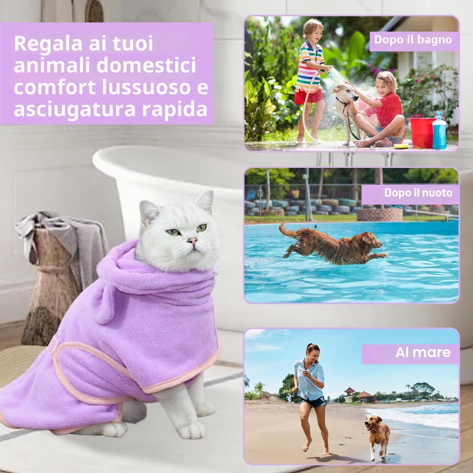 Fnaobai Accappatoio per cani e gatti, ad asciugatura rapida, accappatoio con cappuccio, collare regolabile e cinghia per la pancia, per piscina e spiaggia (viola, XS) - immagine 4