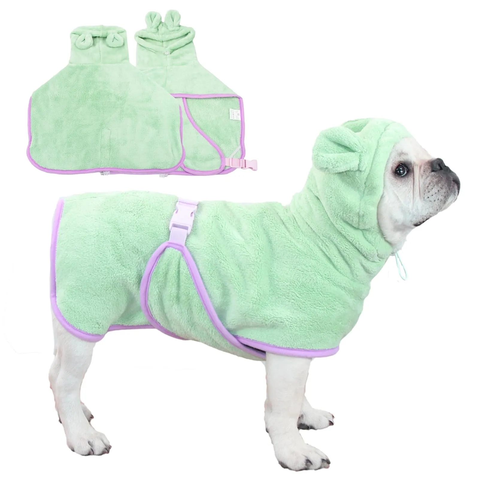 Fnaobai Accappatoio per cani e gatti, ad asciugatura rapida, accappatoio con cappuccio, collare regolabile e cinghia per la pancia, per piscina e spiaggia (verde, XL) - immagine 1