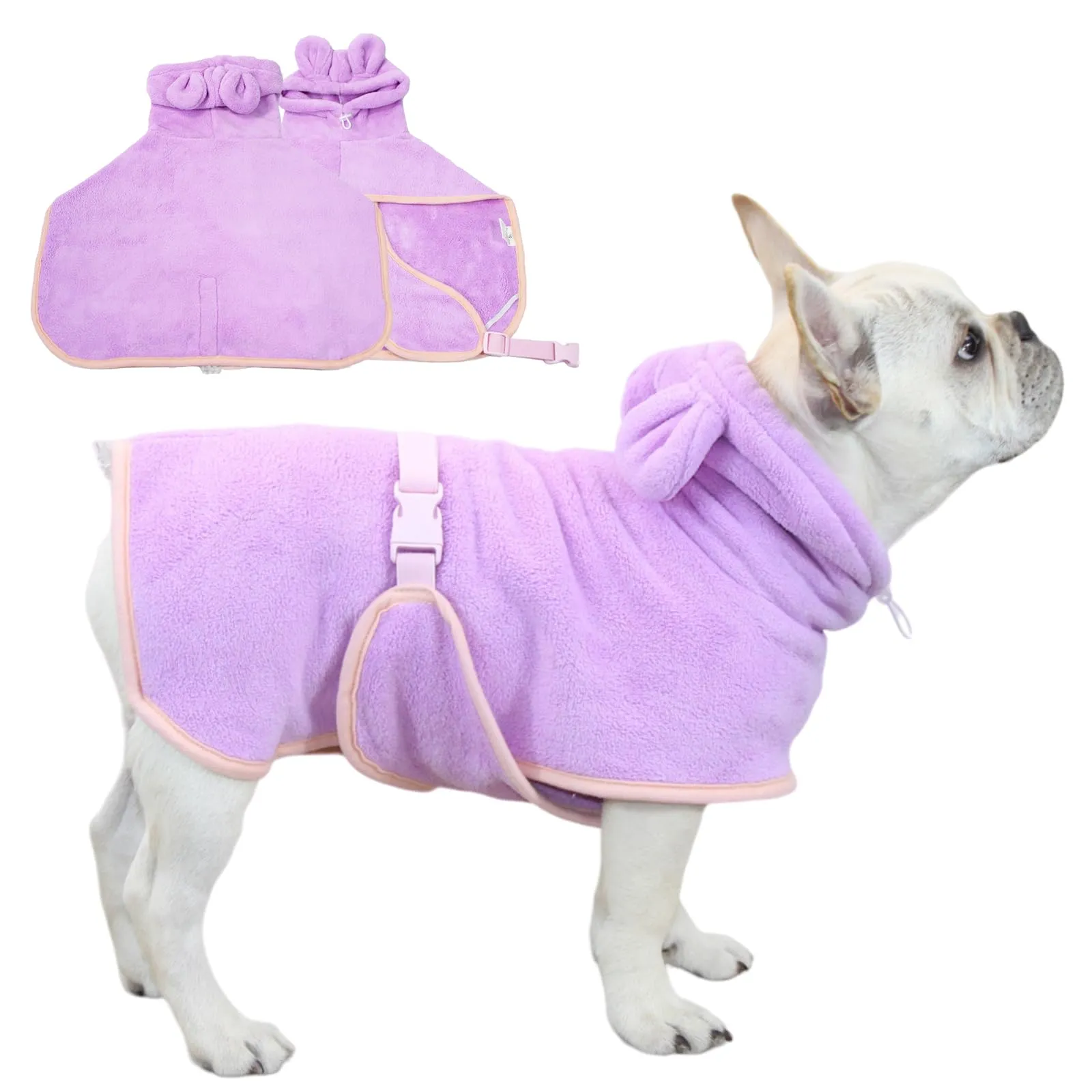 Fnaobai Accappatoio per animali domestici per cani e gatti, ad asciugatura rapida, grazioso asciugamano con cappuccio, collare regolabile e cinghia per la pancia, per piscina e spiaggia (viola, L) - immagine 1