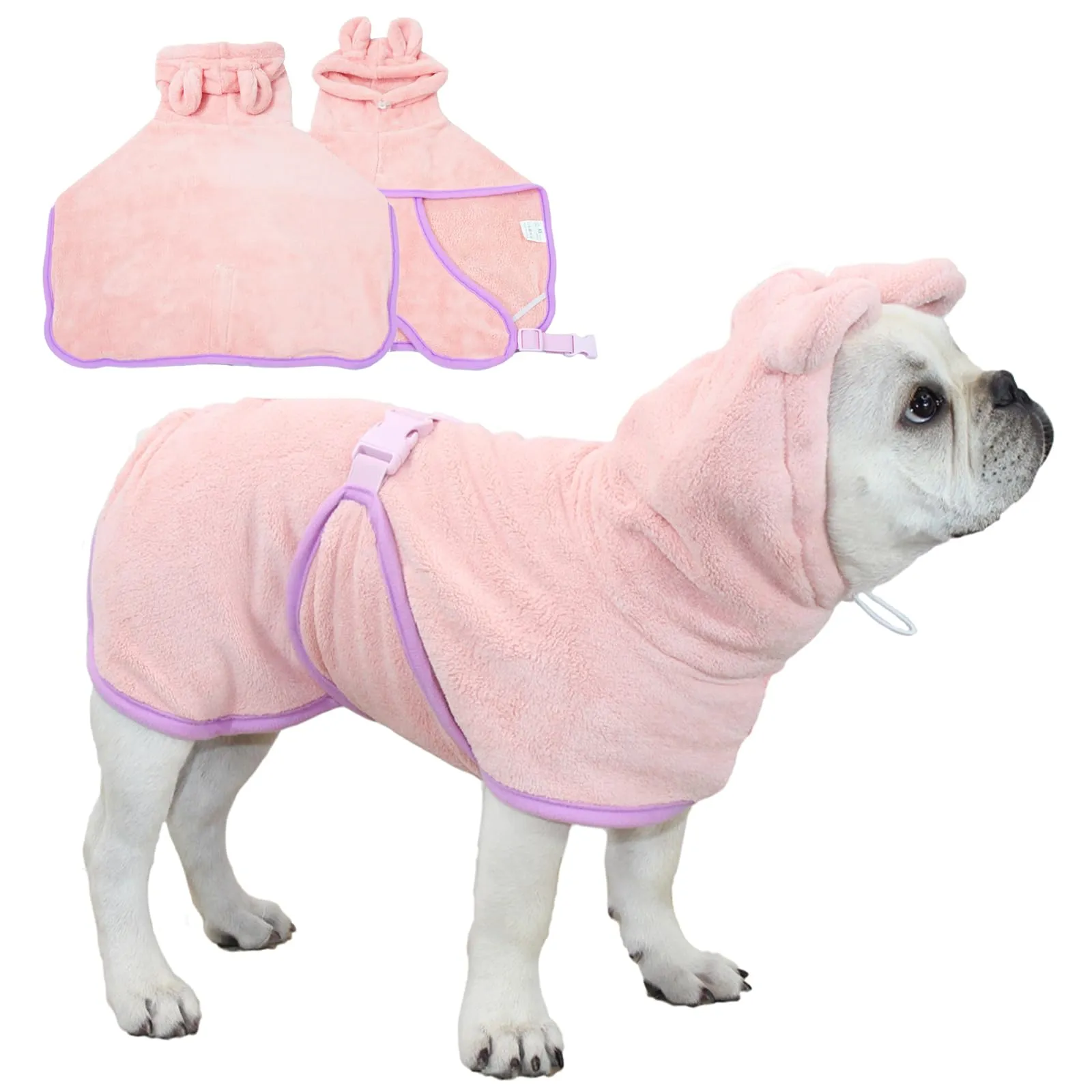 Fnaobai Accappatoio per animali domestici per cani e gatti, ad asciugatura rapida, grazioso asciugamano con cappuccio, collare regolabile e cinghia per la pancia, per piscina e spiaggia (rosa, S) - immagine 1
