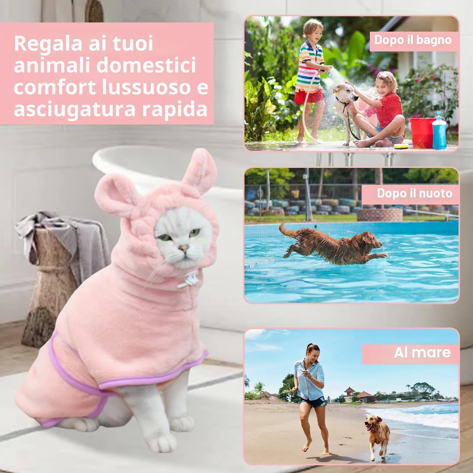 Fnaobai Accappatoio per animali domestici per cani e gatti, ad asciugatura rapida, grazioso asciugamano con cappuccio, collare regolabile e cinghia per la pancia, per piscina e spiaggia (rosa, S) - immagine 4