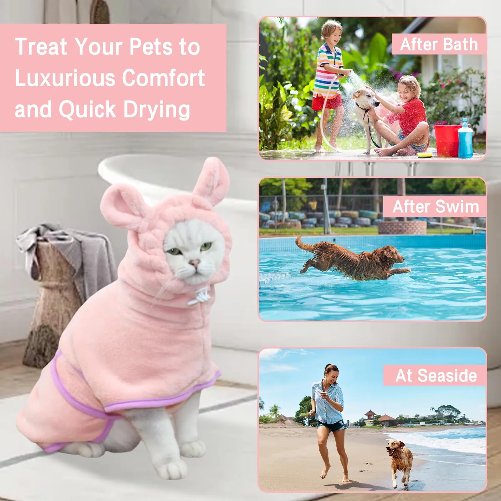 Fnaobai Accappatoio per animali domestici per cani e gatti, ad asciugatura rapida, grazioso asciugamano con cappuccio, collare regolabile e cinghia per la pancia, per piscina e spiaggia (rosa, M) - immagine 4