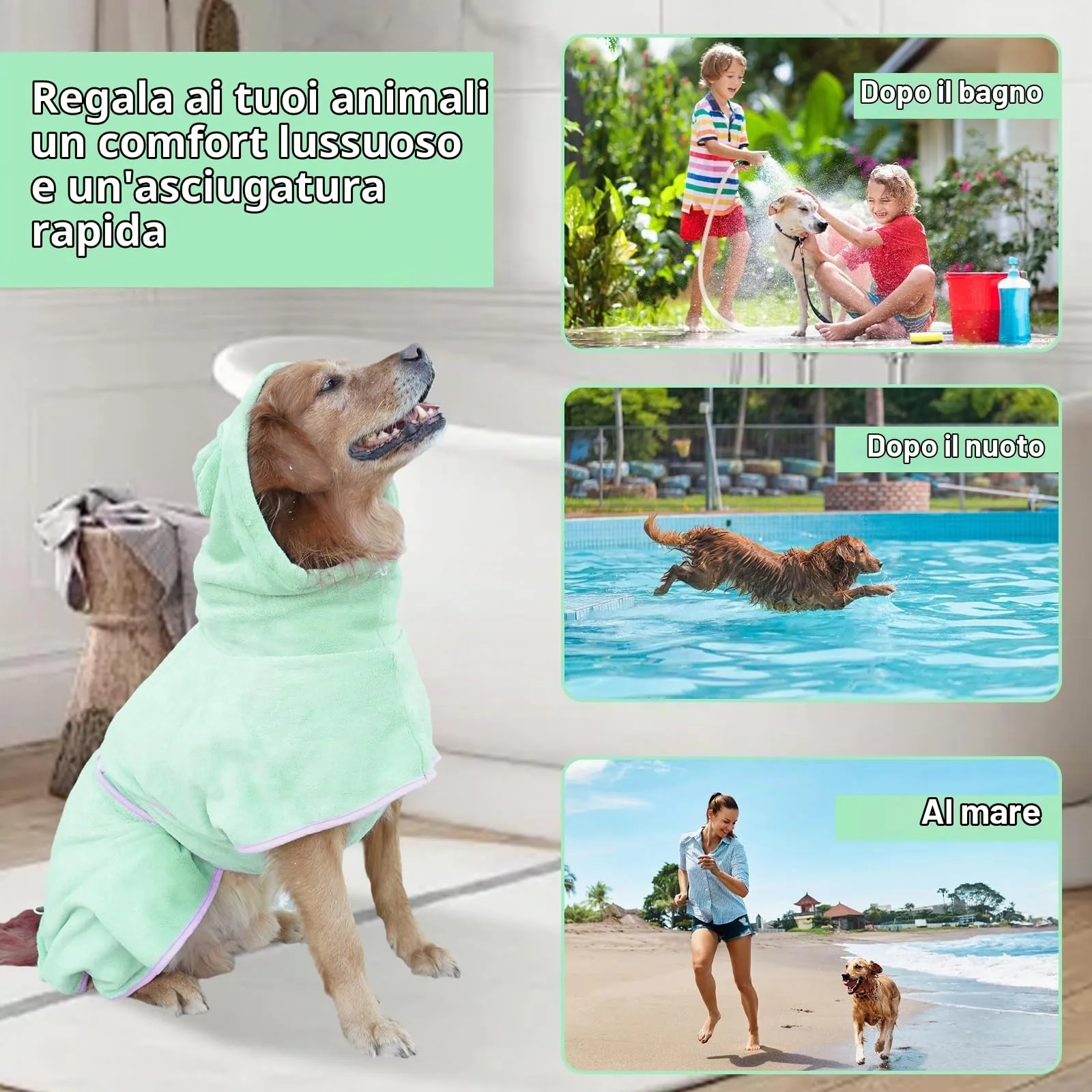 Fnaobai Accappatoio per cani e gatti assorbente, ad asciugatura rapida, carino asciugamano da bagno per cani, cappotto con cappuccio, colletto regolabile e cintura addominale per piscina, spiaggia - immagine 4