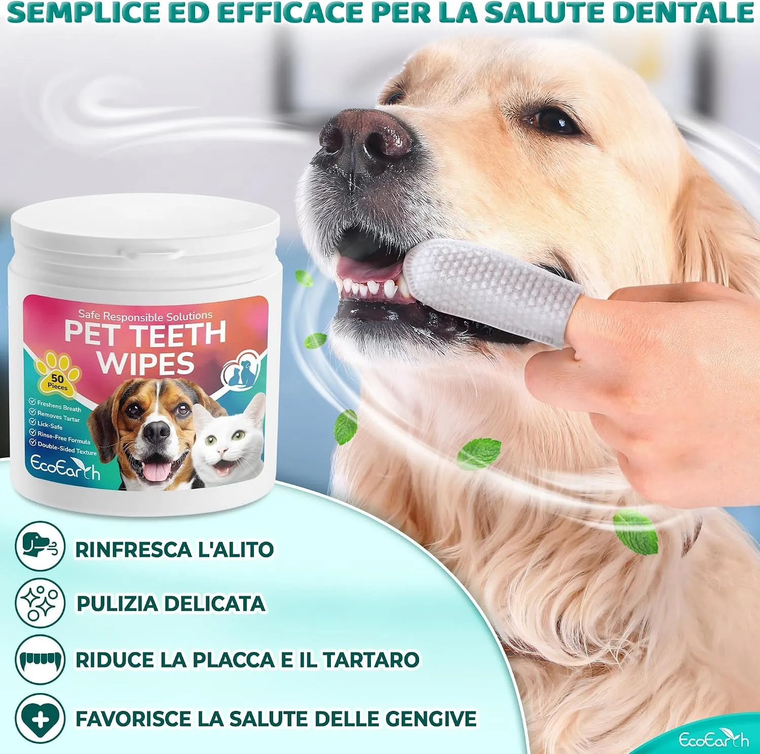 EcoEarth Salviette per la Pulizia dei Denti di Alta qualità per Cani e Gatti - 50 Pezzi - Dischetti per la Cura Dentale degli Animali Domestici per Un alito Fresco e un'igiene Orale - immagine 2