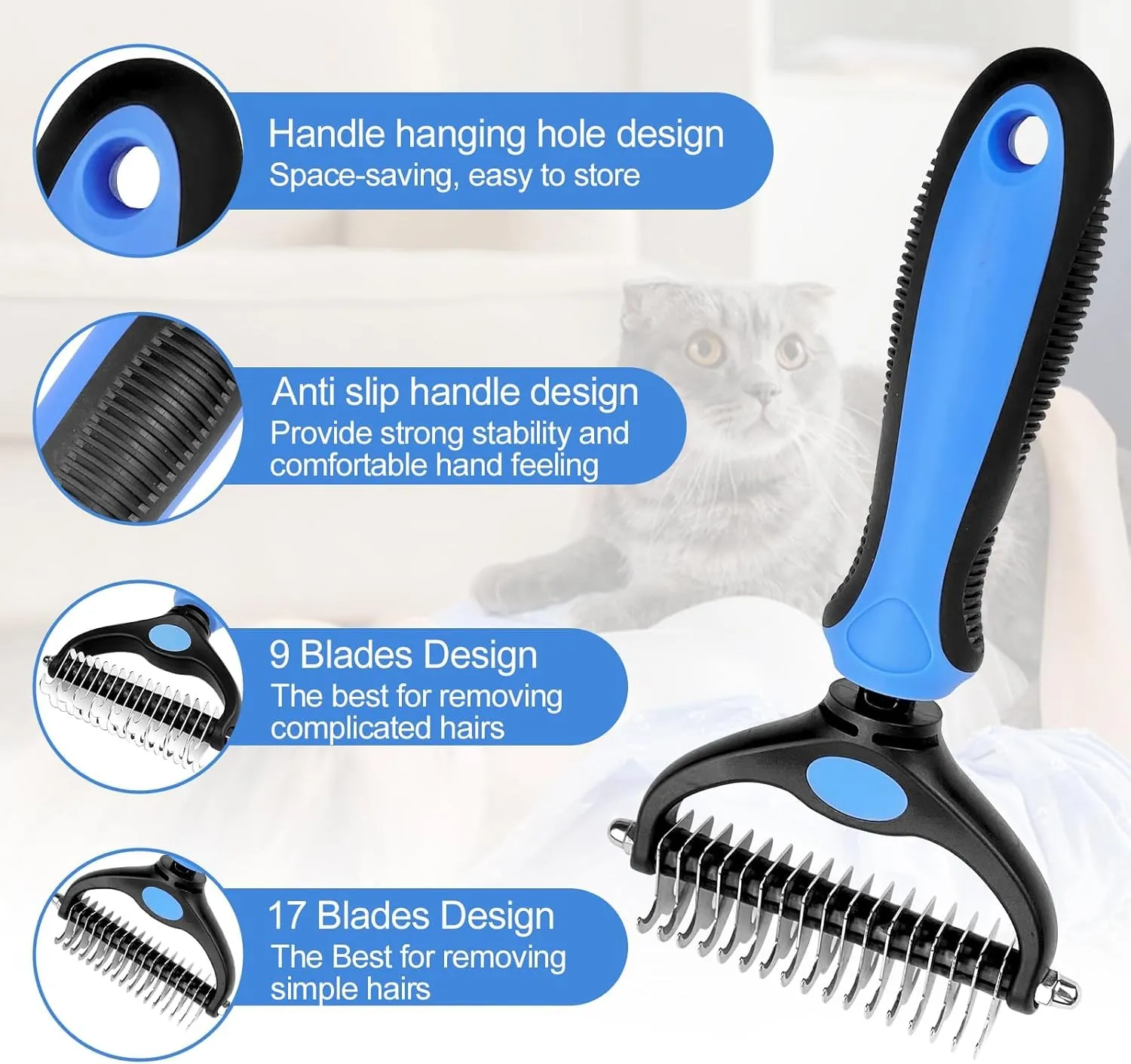 Mesybveo Spazzola Per Cani e Gatto Pelo Lungo, Spazzola Nodi Cani 17+9 Doppia Faccia, Pettine Rastrello per Cani Rimuove Sottopelo, Manico Antiscivolo con Foro per Appendere, per Gatti, Cani - immagine 3