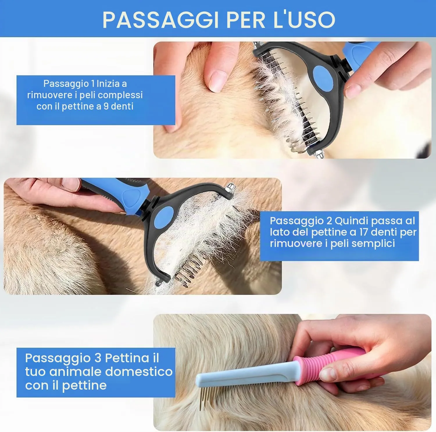 Mesybveo Spazzola Per Cani e Gatto Pelo Lungo, Spazzola Nodi Cani 17+9 Doppia Faccia, Pettine Rastrello per Cani Rimuove Sottopelo, Manico Antiscivolo con Foro per Appendere, per Gatti, Cani - immagine 5