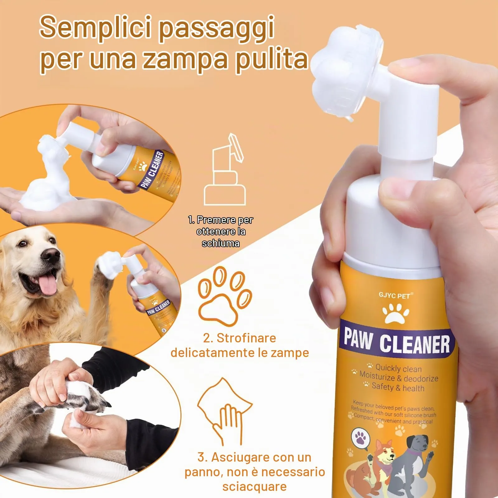 GJYC PET Detergente per zampe per cani e gatti, schiuma magica per pulire le zampe senza risciacquo, shampoo a secco, spazzola per la pulizia dei piedi, con estratto di rosa, detergente per controllo - immagine 3