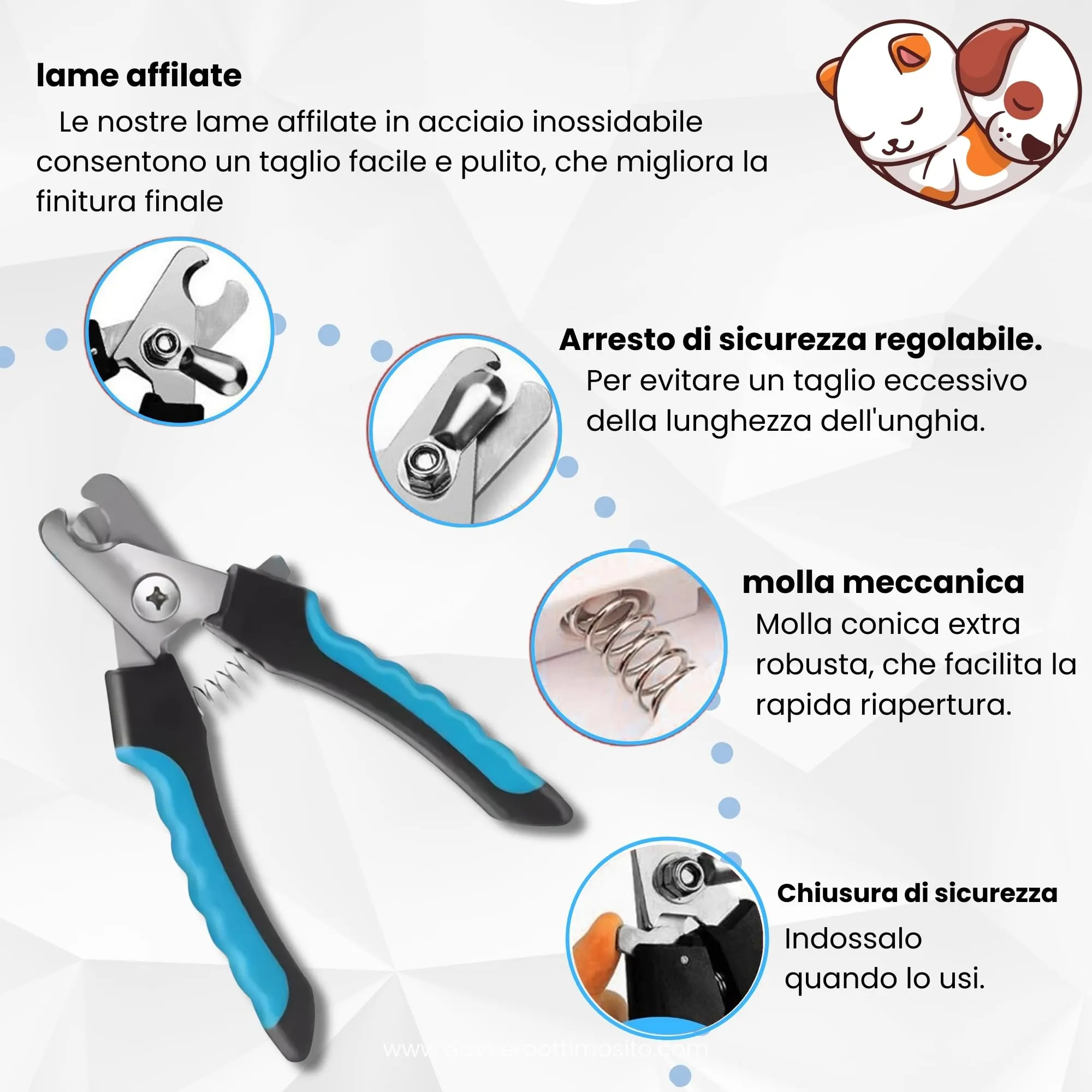 MandA® Tagliaunghie per Cane con Custodia. Tagliaunghie per Cani Medi e Piccoli, Gatti, ecc. + Lima + Custodia. Lame Affilate in Acciaio INOX e Chiusura di Sicurezza. Forbici per Tagliare le Unghie - immagine 6