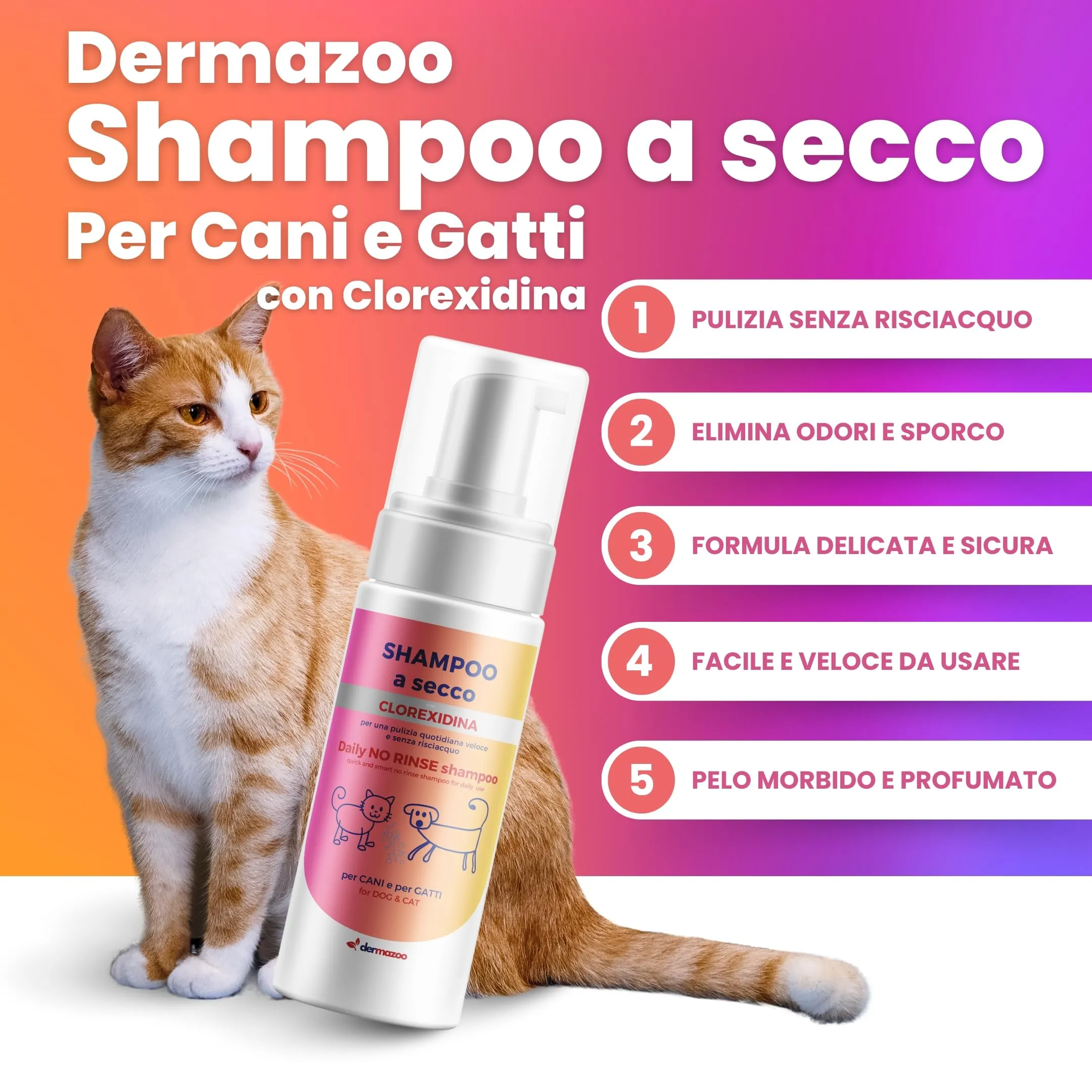 Dermazoo Shampoo secco per cani e gatti con clorexidina senza risciacquo, 190 ml, mousse per uso rapido e completo, shampoo per cani e gatti inodore - immagine 2
