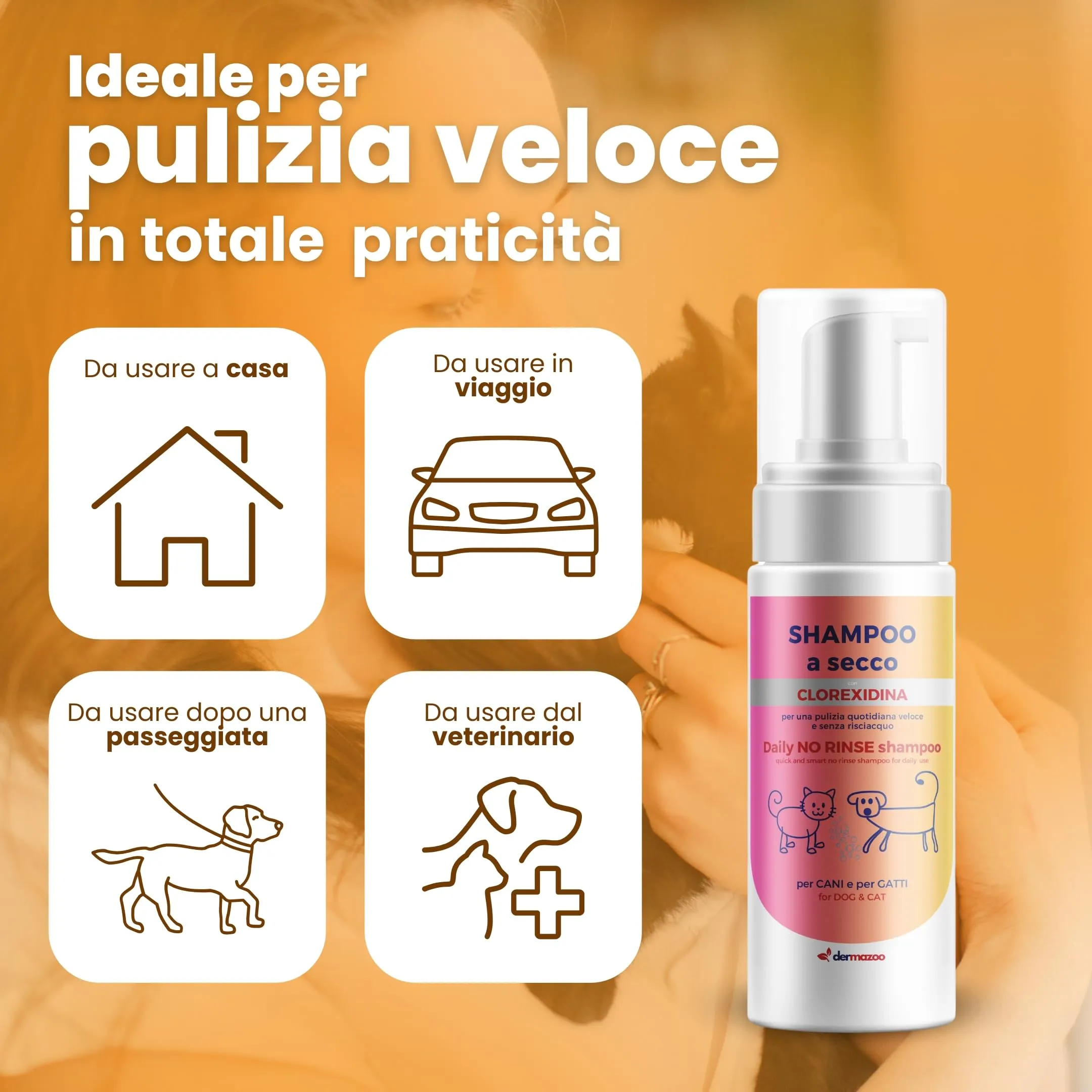 Dermazoo Shampoo secco per cani e gatti con clorexidina senza risciacquo, 190 ml, mousse per uso rapido e completo, shampoo per cani e gatti inodore - immagine 3