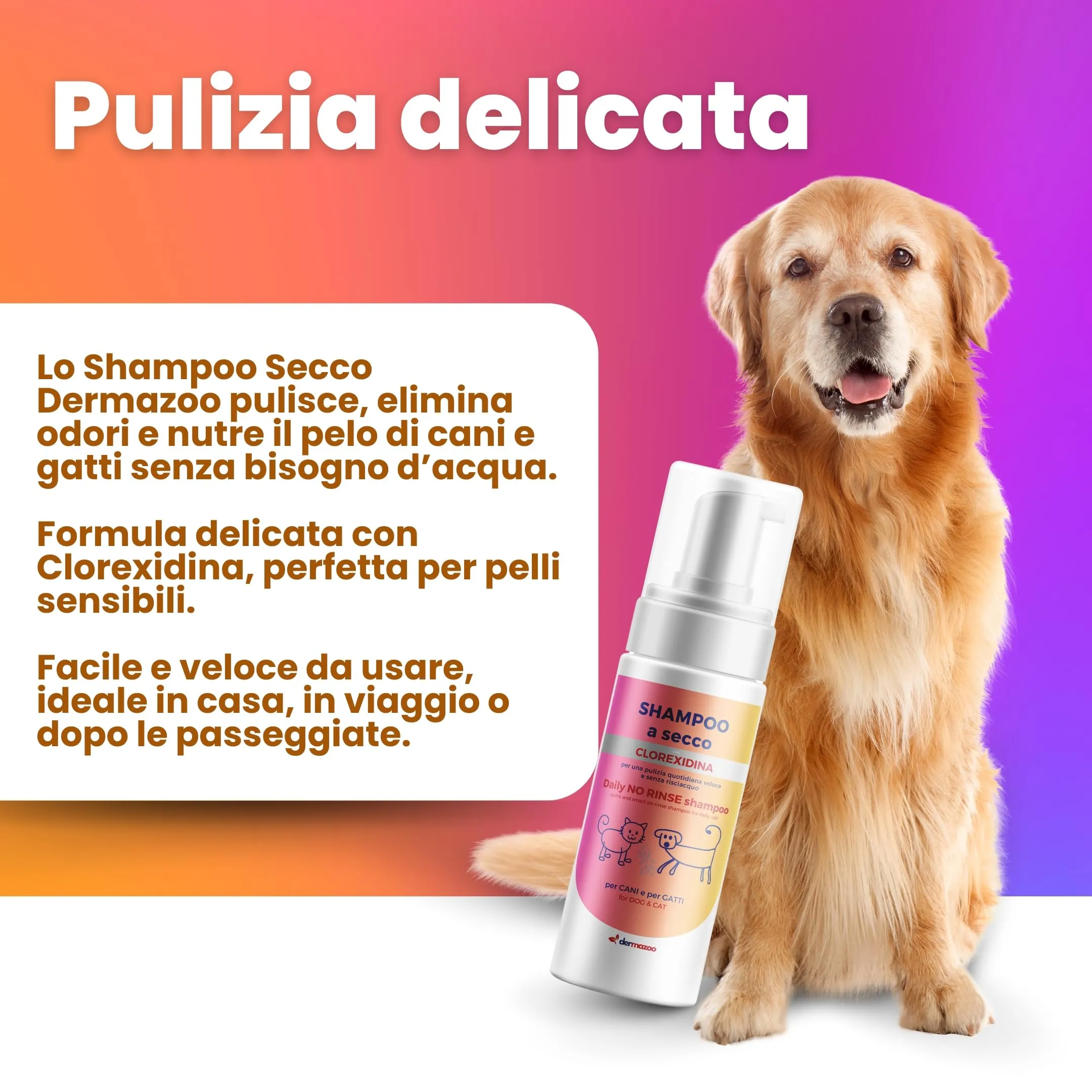 Dermazoo Shampoo secco per cani e gatti con clorexidina senza risciacquo, 190 ml, mousse per uso rapido e completo, shampoo per cani e gatti inodore - immagine 4