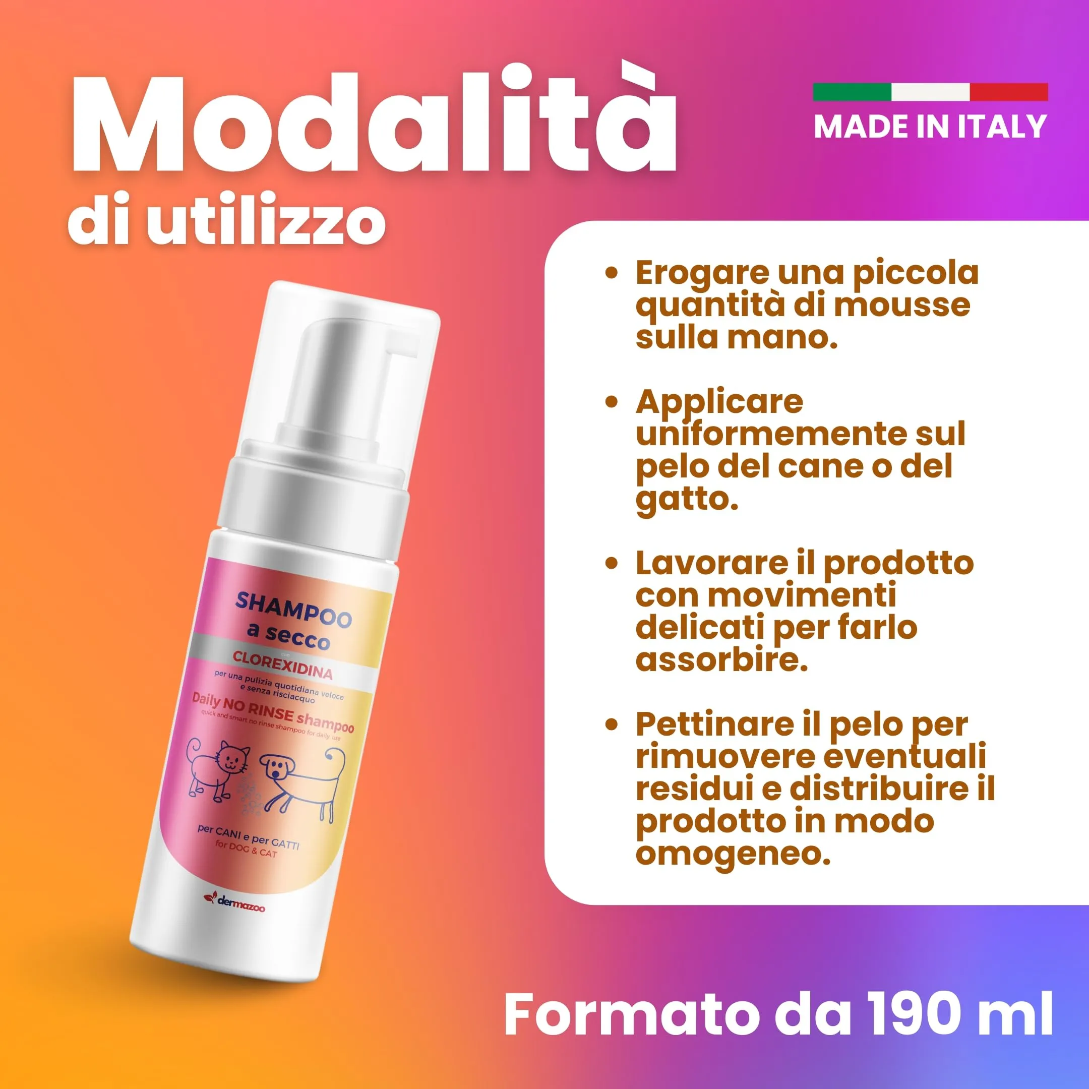 Dermazoo Shampoo secco per cani e gatti con clorexidina senza risciacquo, 190 ml, mousse per uso rapido e completo, shampoo per cani e gatti inodore - immagine 5