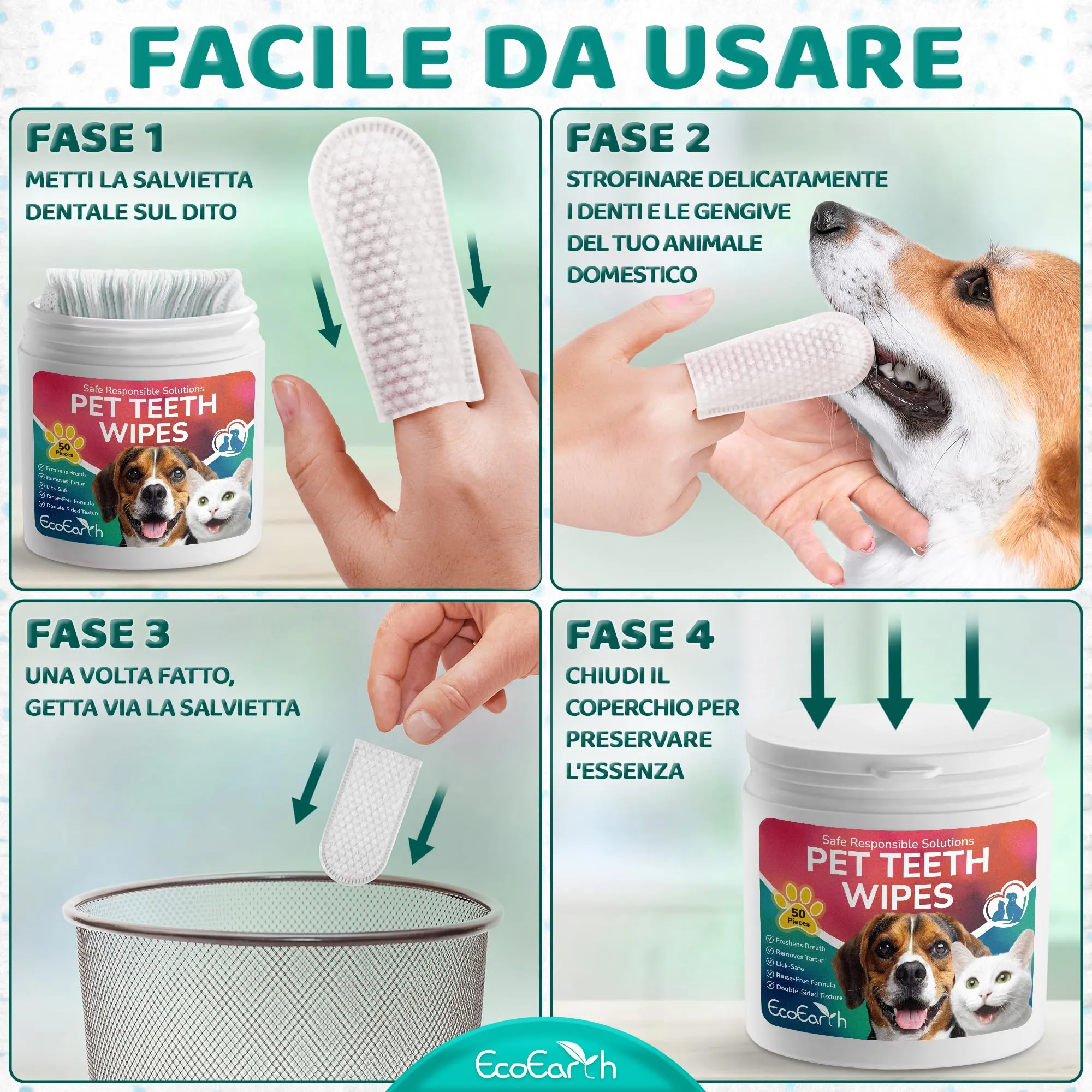 Salviette per la pulizia dei denti di alta qualità per cani e gatti - 100 pezzi - Dischetti per la cura dentale degli animali domestici per un alito fresco e un'igiene orale - immagine 8