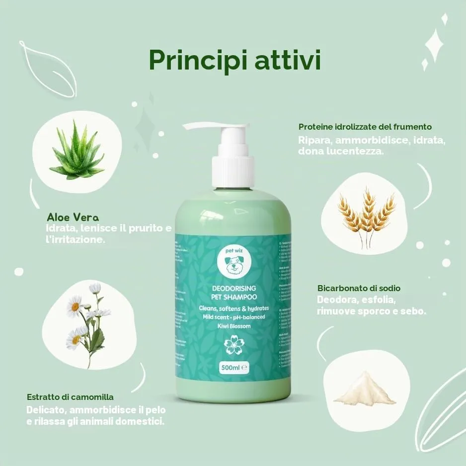 pet wiz Shampoo super deodorante per animali domestici al fiore di kiwi | Pulisce, nutre, deodora e protegge la pelle | con bicarbonato di sodio, estratto di camomilla e vitamina B5, 500 - immagine 3