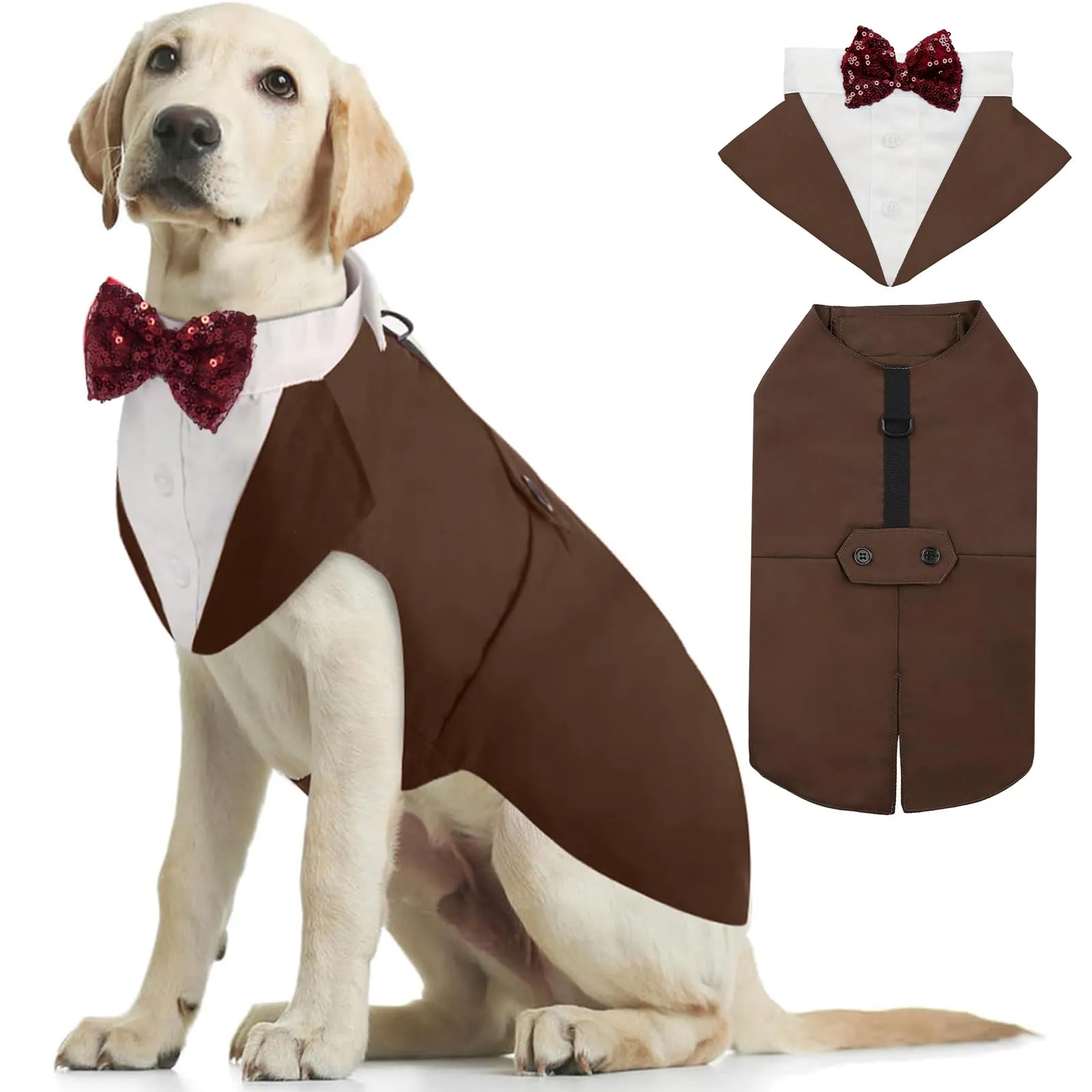 Kuoser Smoking per cani, set da sposa e bandana, abbigliamento per animali domestici, camicia formale per cuccioli con papillon rimovibile, costume per cani di taglia piccola, media e grande, vestito - immagine 1