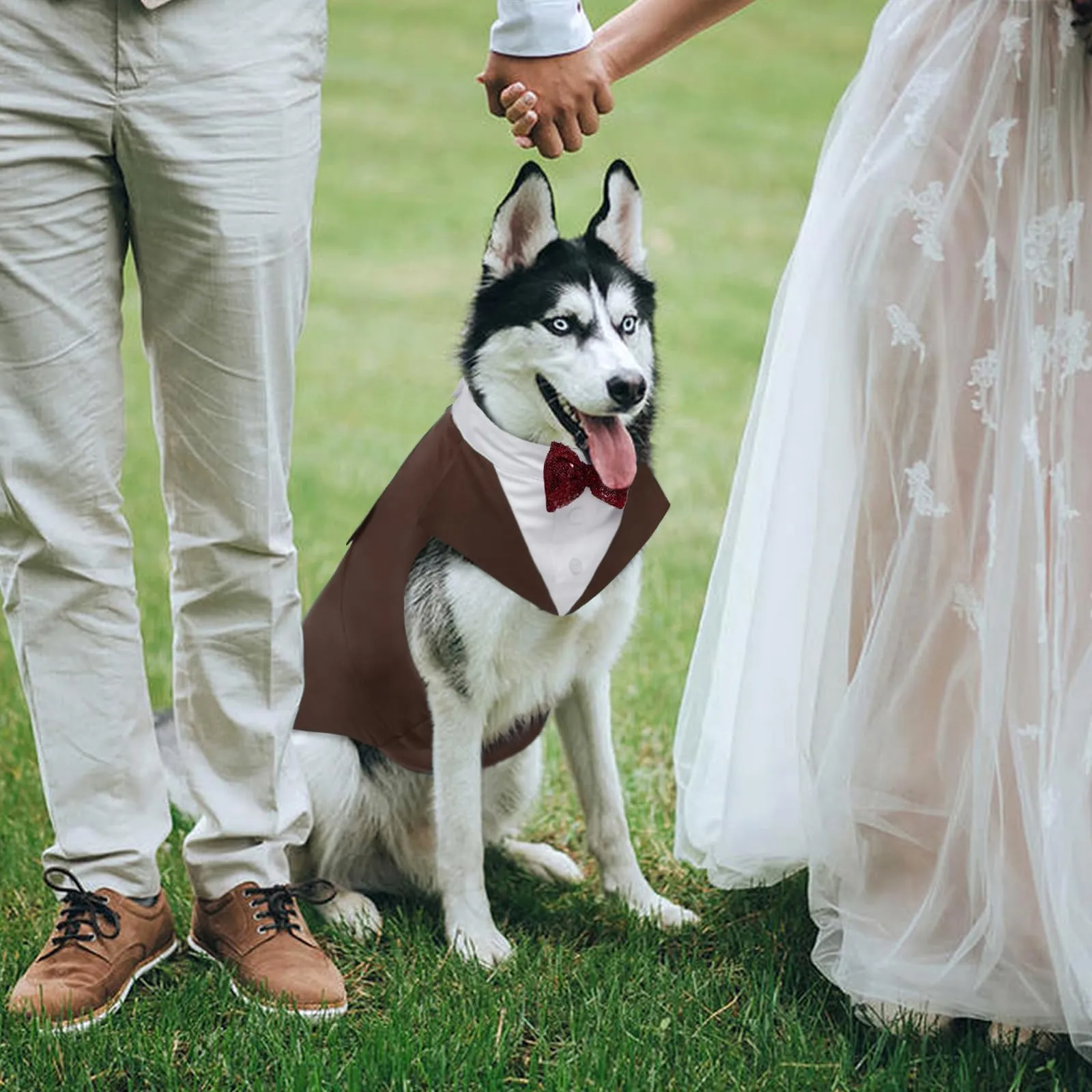 Kuoser Smoking per cani, set da sposa e bandana, abbigliamento per animali domestici, camicia formale per cuccioli con papillon rimovibile, costume per cani di taglia piccola, media e grande, vestito - immagine 5