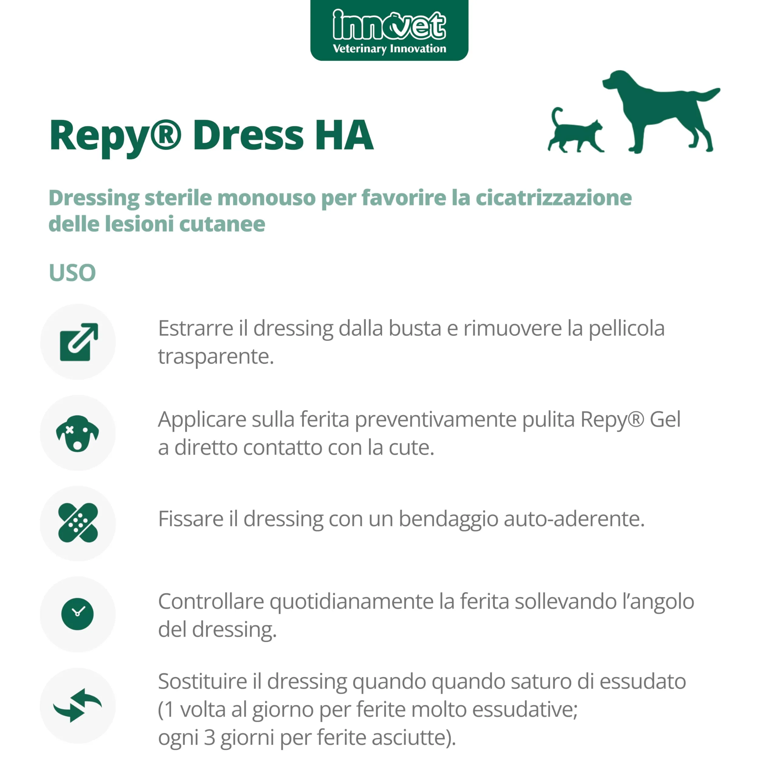 Innovet, Repy Dress HA, Garze Sterili Monouso per Cani e Gatti, in Puro Cotone, per la Pulizia e Cura delle Ferite, Azione Cicatrizzante, con Miele di Manuka e Adelmidrol, Confezione 10 Garze 10x10 cm - immagine 2