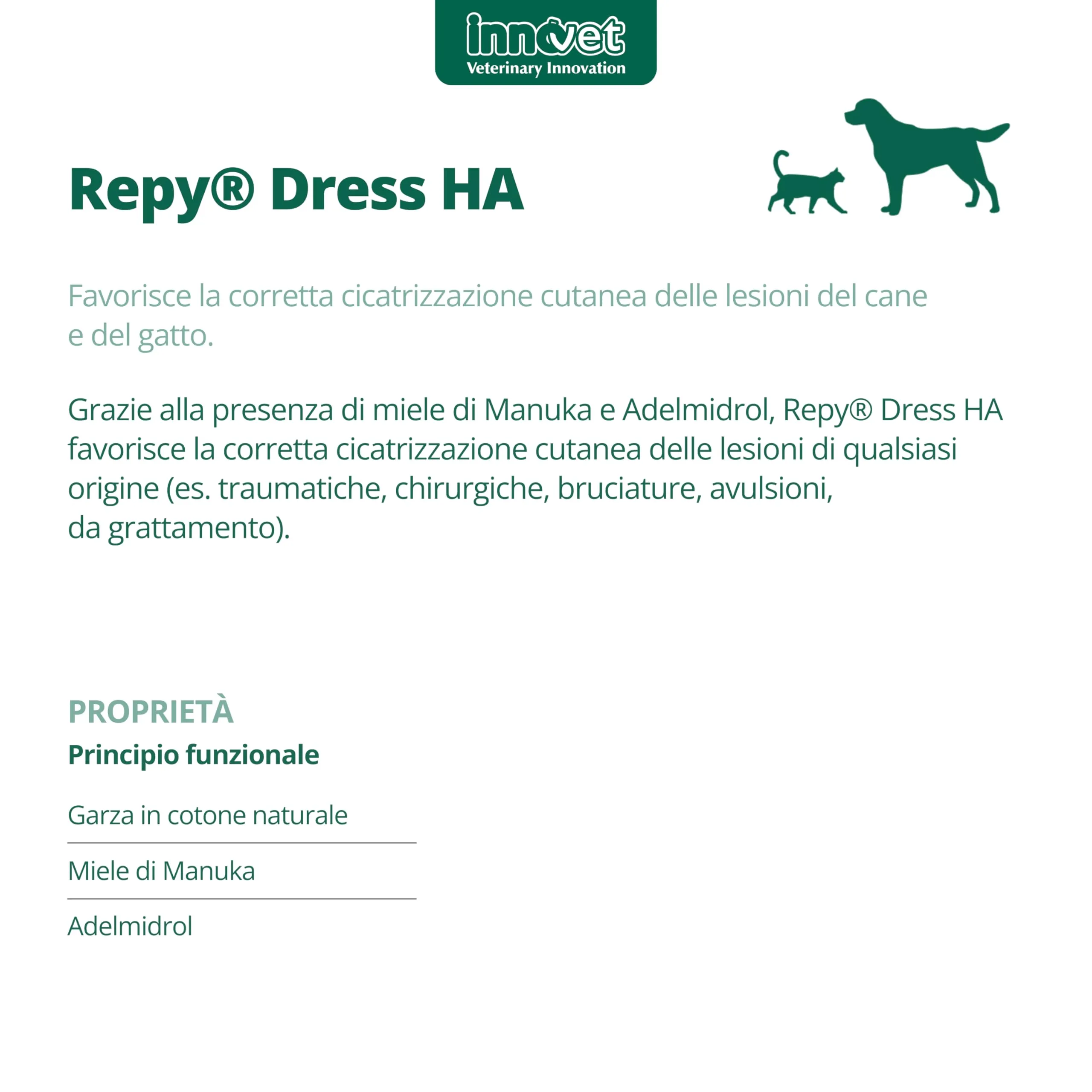 Innovet, Repy Dress HA, Garze Sterili Monouso per Cani e Gatti, in Puro Cotone, per la Pulizia e Cura delle Ferite, Azione Cicatrizzante, con Miele di Manuka e Adelmidrol, Confezione 10 Garze 10x10 cm - immagine 3