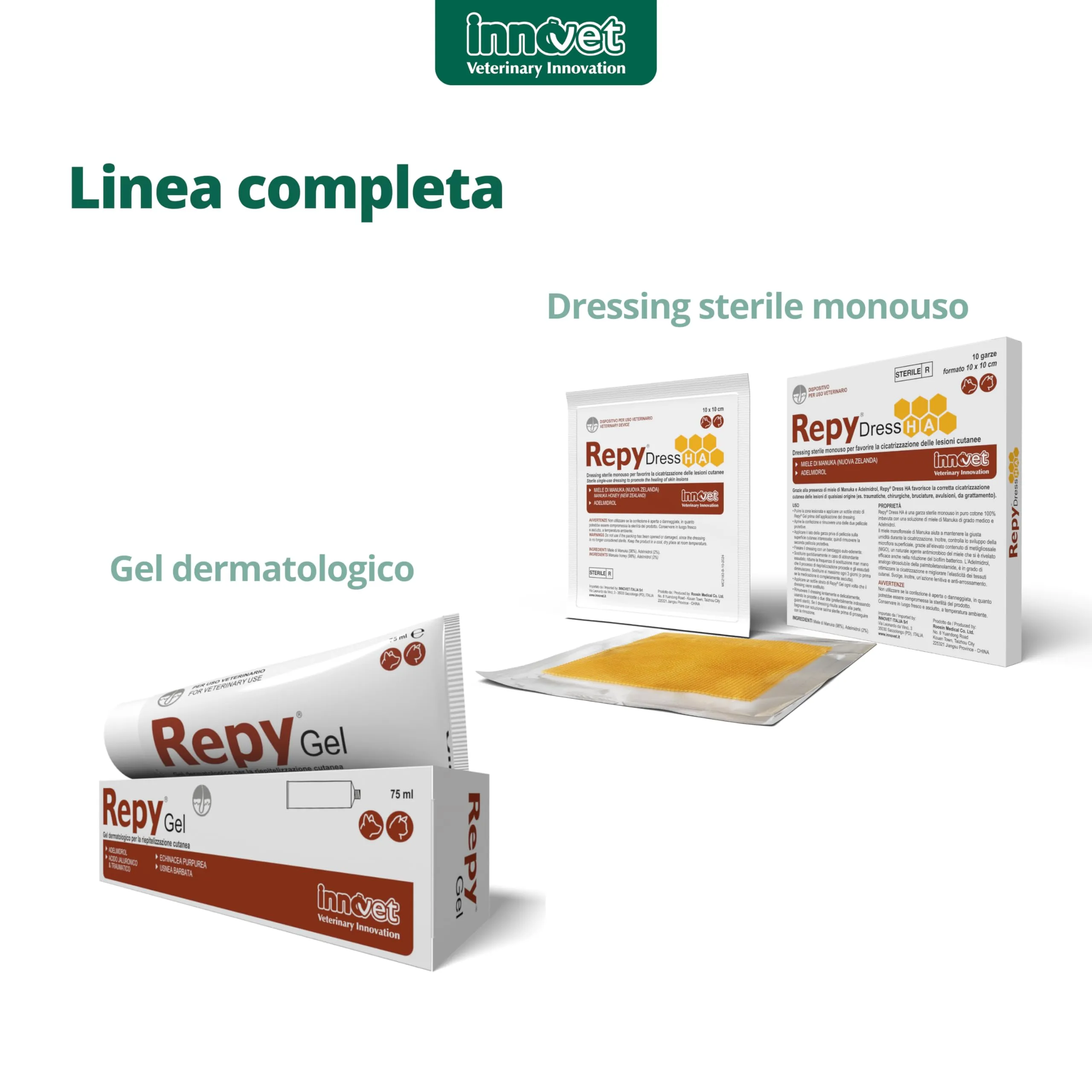 Innovet, Repy Dress HA, Garze Sterili Monouso per Cani e Gatti, in Puro Cotone, per la Pulizia e Cura delle Ferite, Azione Cicatrizzante, con Miele di Manuka e Adelmidrol, Confezione 10 Garze 10x10 cm - immagine 5