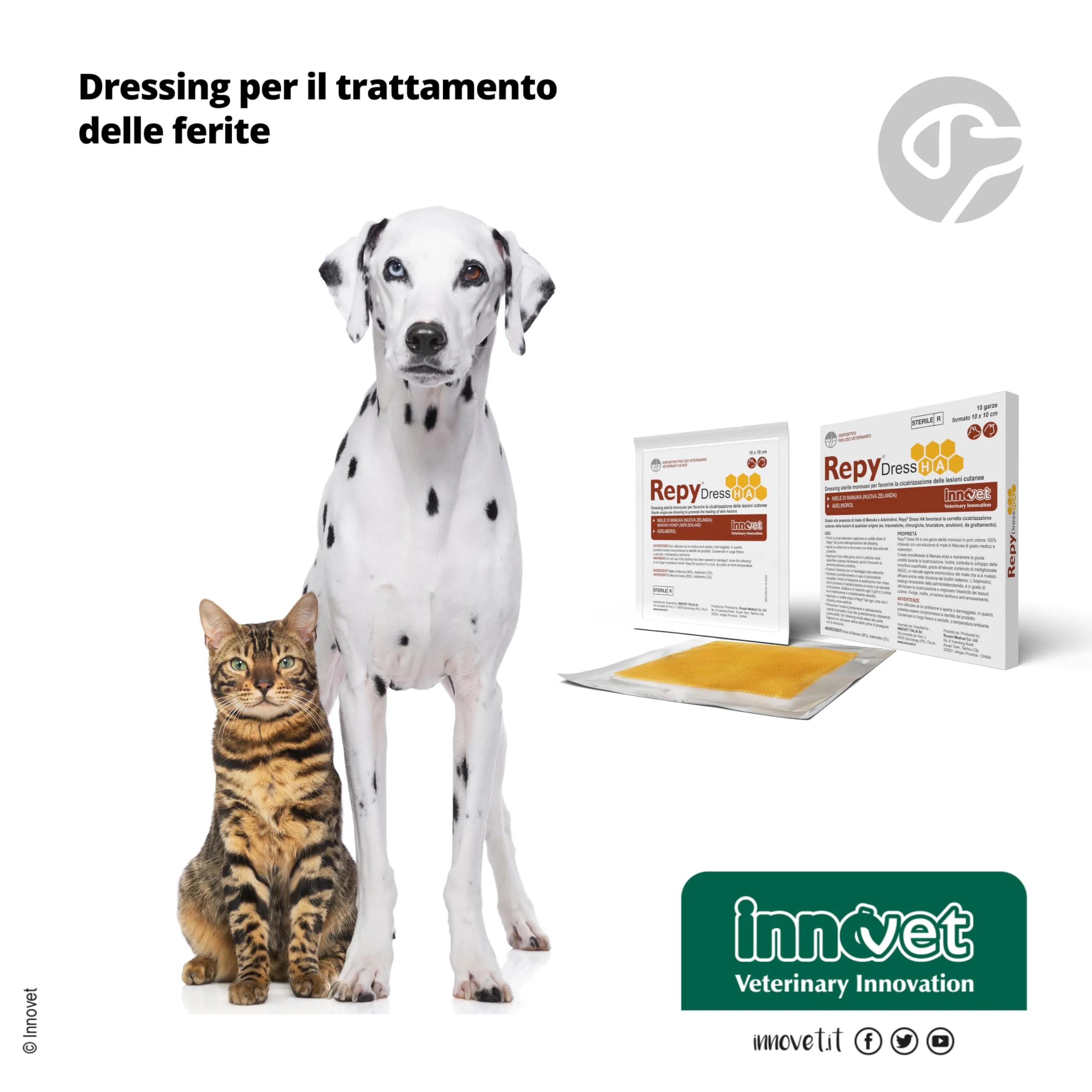 Innovet, Repy Dress HA, Garze Sterili Monouso per Cani e Gatti, in Puro Cotone, per la Pulizia e Cura delle Ferite, Azione Cicatrizzante, con Miele di Manuka e Adelmidrol, Confezione 10 Garze 10x10 cm - immagine 6