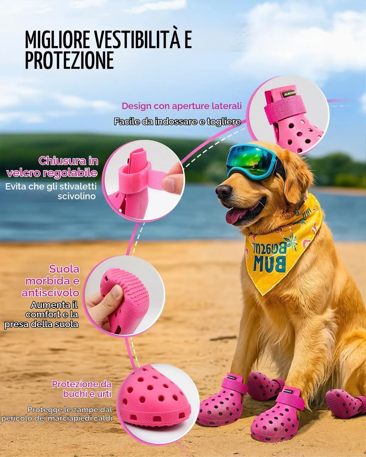 Scarpe per cani per pavimenti caldi - Stivali per cani piccoli, medi e grandi, protezioni per zampe dei cani, facili da mettere e togliere, antiscivolo, impermeabili, scarpette per cani facili da - immagine 2