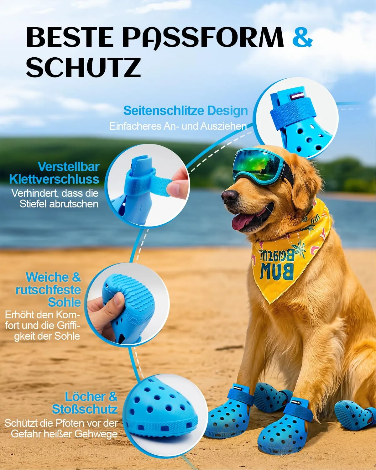 Scarpe per cani per pavimenti caldi - Stivali per cani di taglia piccola, media e grande, Stivali per cani protezioni per zampe, facili da mettere e togliere, antiscivolo, impermeabili, scarpette per - immagine 2