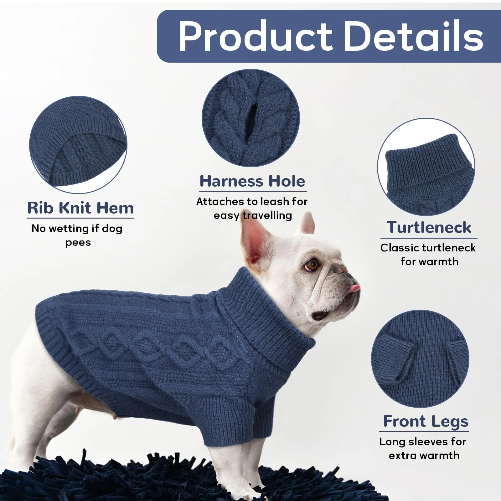 Hjumarayan Maglione Cane -Maglioncino Cane Taglia Media Semplice & Elegante Maglioncini Caldo per Cani con Foro per Pettorina, Maglia Termica per Bouledogue Francese (Blu Denim M) - immagine 3