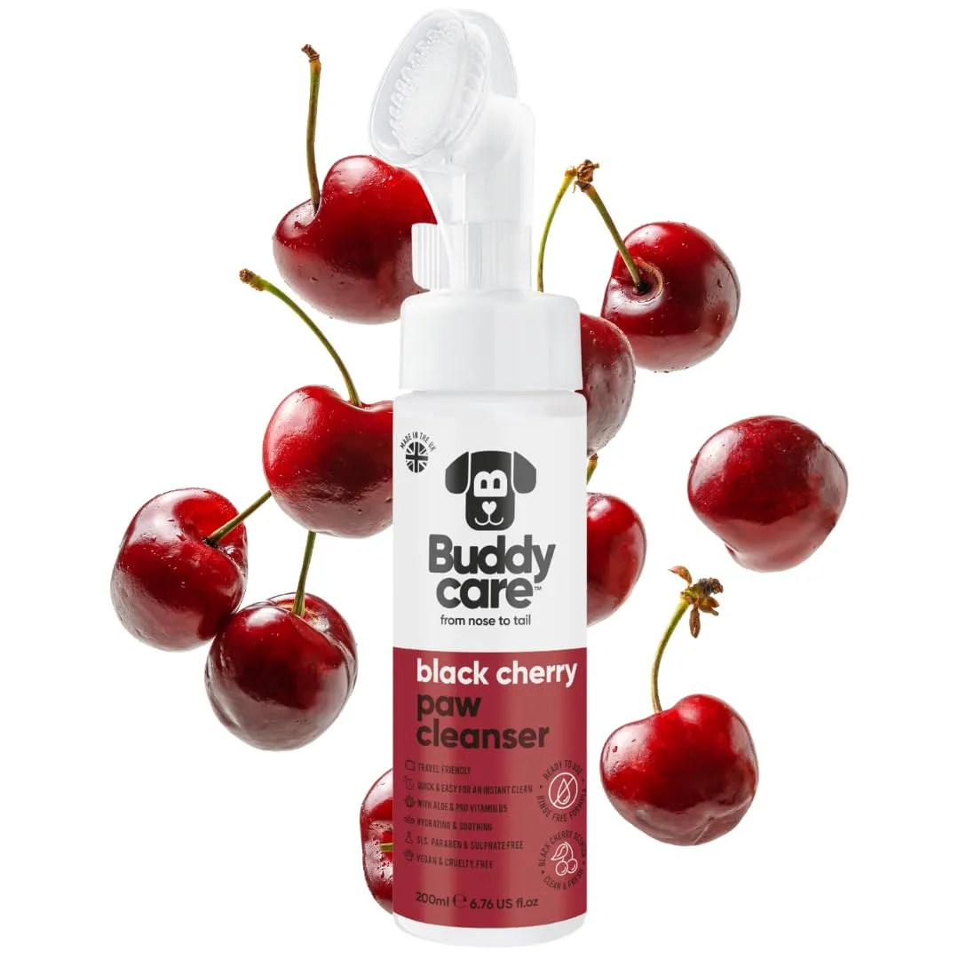 Buddycare Detergente per zampe di cane al profumo di ciliegia nera, 200 ml, senza risciacquo, detergente per zampe senza acqua per cani, soluzione morbida per zampe fangose, adatto per tutte le razze - immagine 1