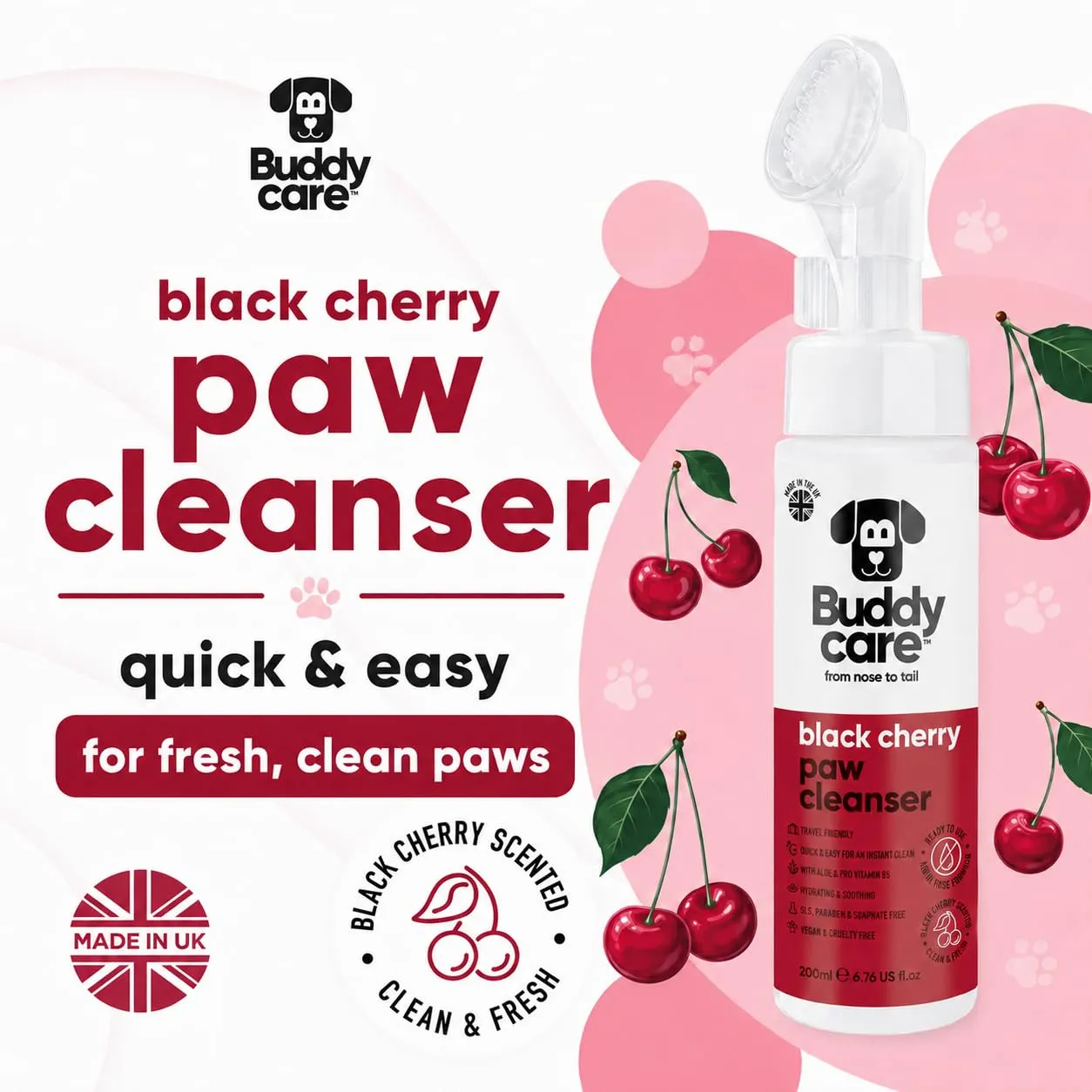 Buddycare Detergente per zampe di cane al profumo di ciliegia nera, 200 ml, senza risciacquo, detergente per zampe senza acqua per cani, soluzione morbida per zampe fangose, adatto per tutte le razze - immagine 2