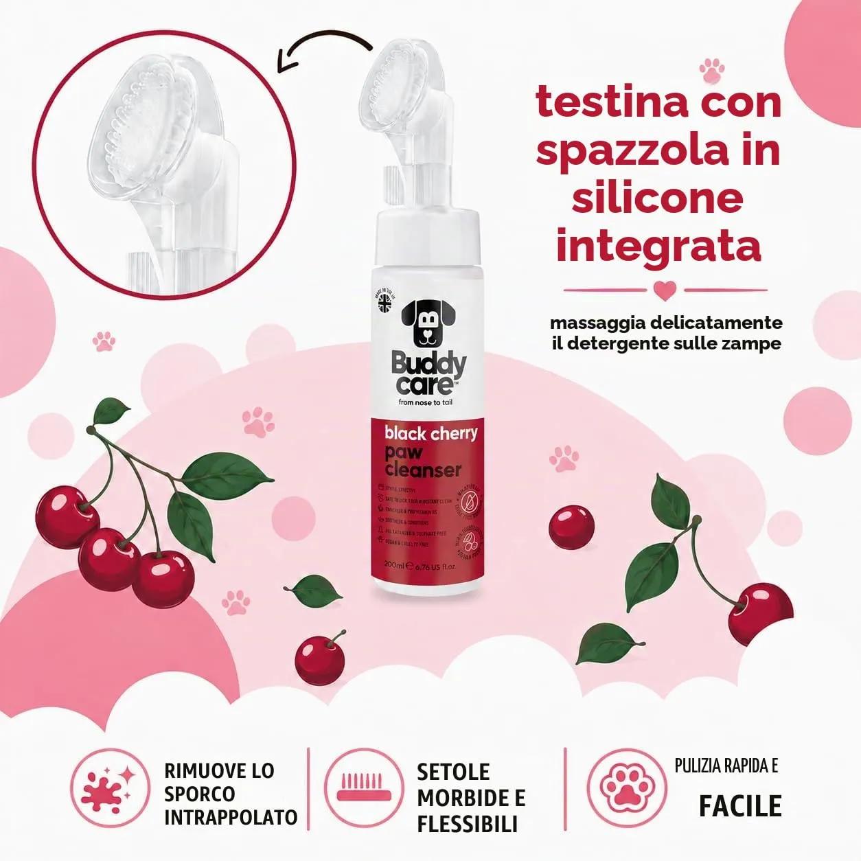 Buddycare Detergente per zampe di cane al profumo di ciliegia nera, 200 ml, senza risciacquo, detergente per zampe senza acqua per cani, soluzione morbida per zampe fangose, adatto per tutte le razze - immagine 5