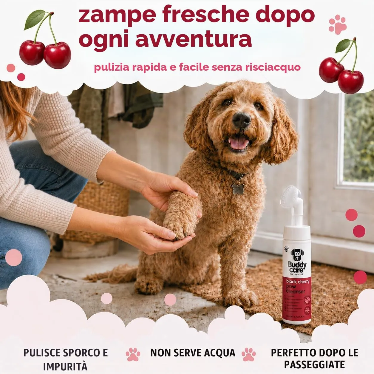 Buddycare Detergente per zampe di cane al profumo di ciliegia nera, 200 ml, senza risciacquo, detergente per zampe senza acqua per cani, soluzione morbida per zampe fangose, adatto per tutte le razze - immagine 6