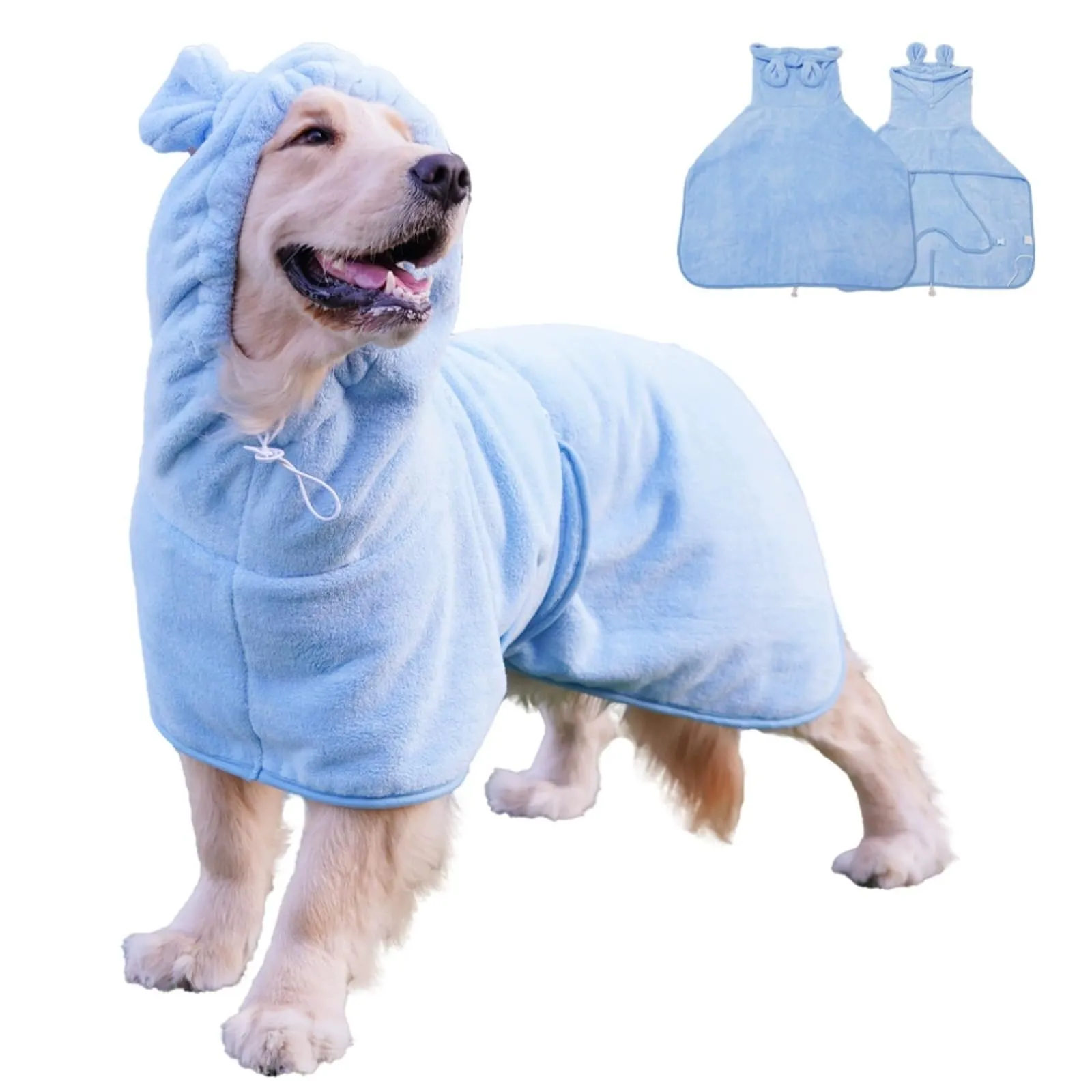 Fnaobai Accappatoio per cani e gatti assorbente, ad asciugatura rapida, carino asciugamano da bagno per cani, cappotto con cappuccio, colletto regolabile e cintura addominale per piscina, spiaggia - immagine 1