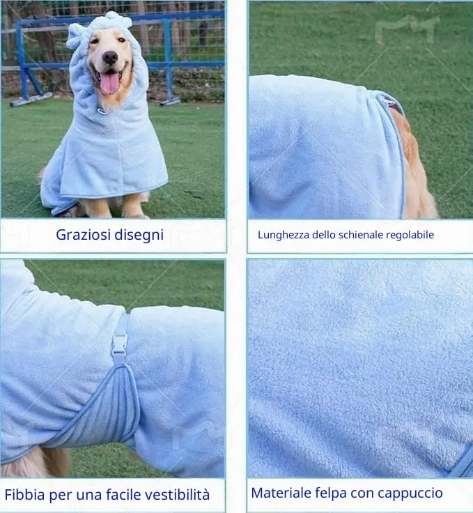 Fnaobai Accappatoio per cani e gatti assorbente, ad asciugatura rapida, carino asciugamano da bagno per cani, cappotto con cappuccio, colletto regolabile e cintura addominale per piscina, spiaggia - immagine 3