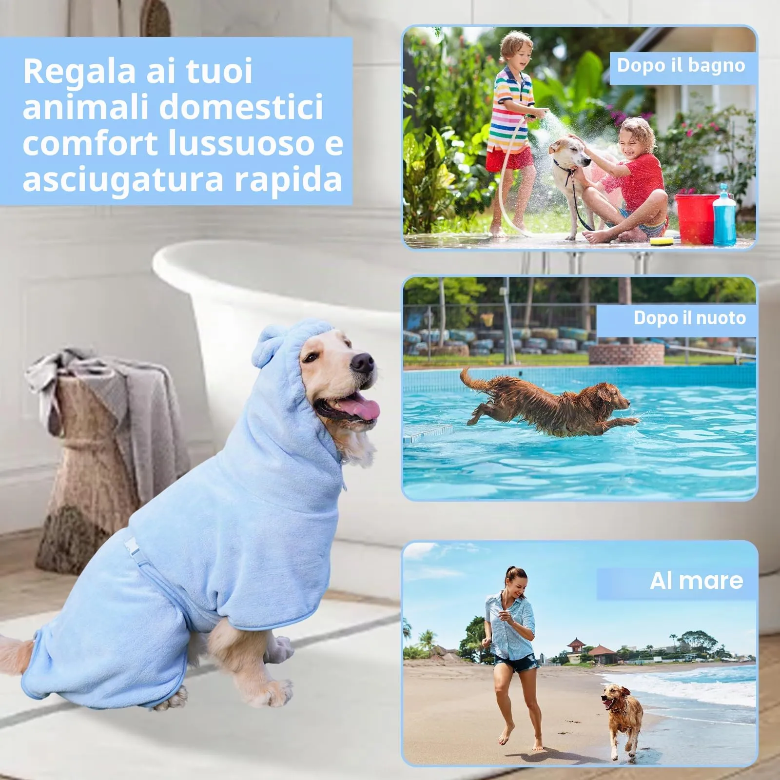 Fnaobai Accappatoio per cani e gatti assorbente, ad asciugatura rapida, carino asciugamano da bagno per cani, cappotto con cappuccio, colletto regolabile e cintura addominale per piscina, spiaggia - immagine 4