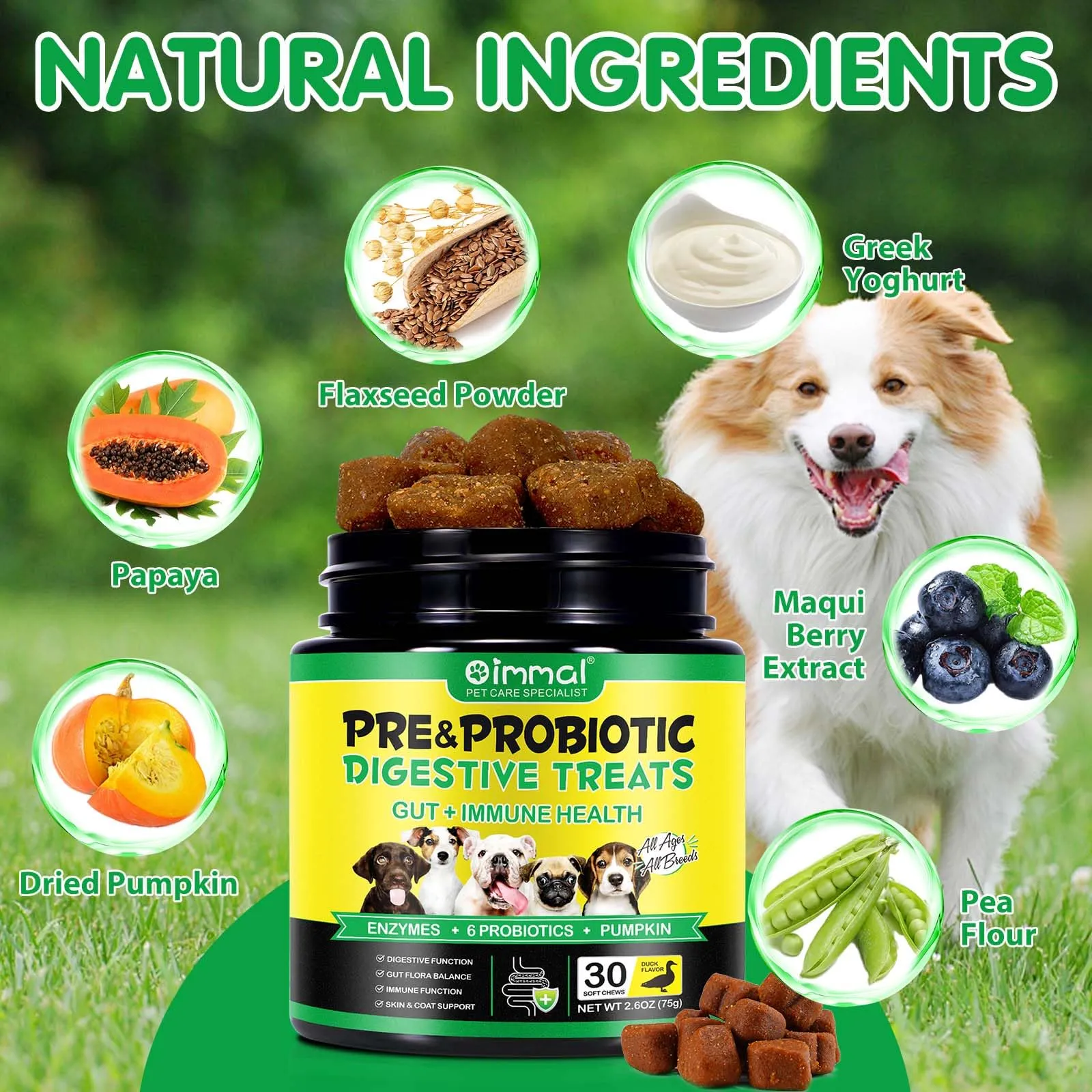 Probiotici per Cani 30 Chews Masticabili, Integratore Digestivo con Enzimi e Prebiotici, Supporto per Flora Intestinale e Digestione, Difese Immunitarie e Pelo, Gusto Anatra - immagine 4