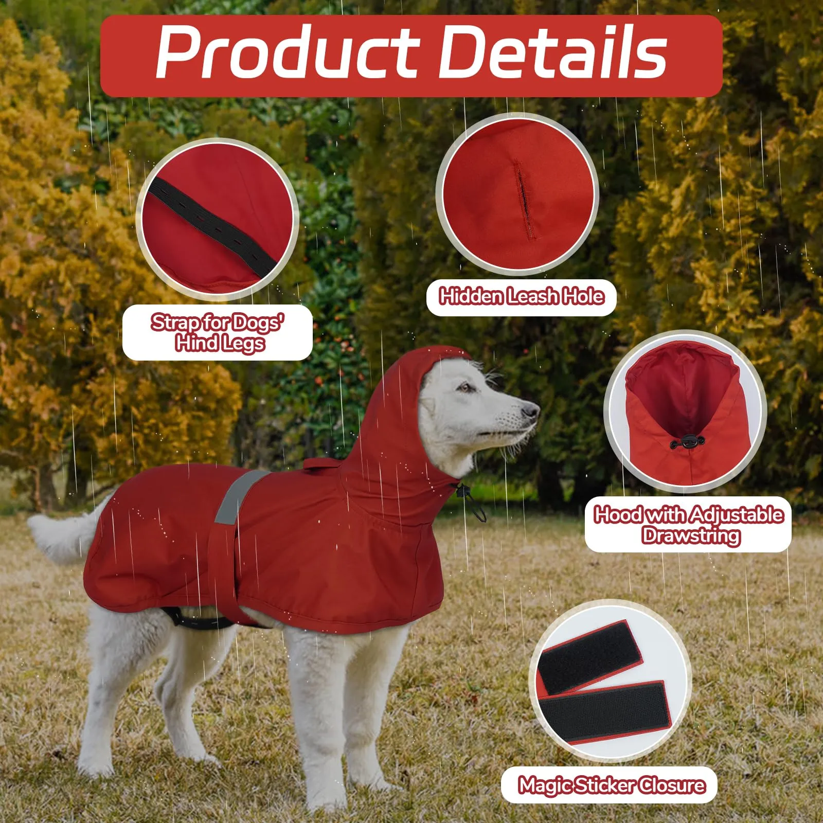 Lelepet Impermeabile per cani, impermeabile per cani di taglia grande, poncho antivento con cinghie posteriori regolabili, poncho per cani con striscia riflettente, rosso, 2XL - immagine 2