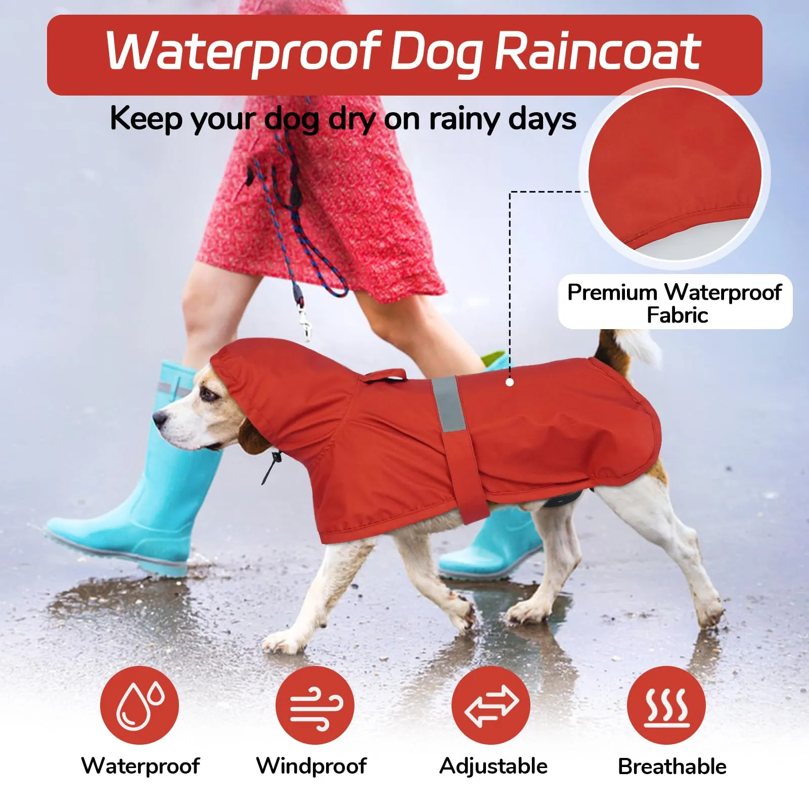 Lelepet Impermeabile per cani, impermeabile per cani di taglia grande, poncho antivento con cinghie posteriori regolabili, poncho per cani con striscia riflettente, rosso, 2XL - immagine 6