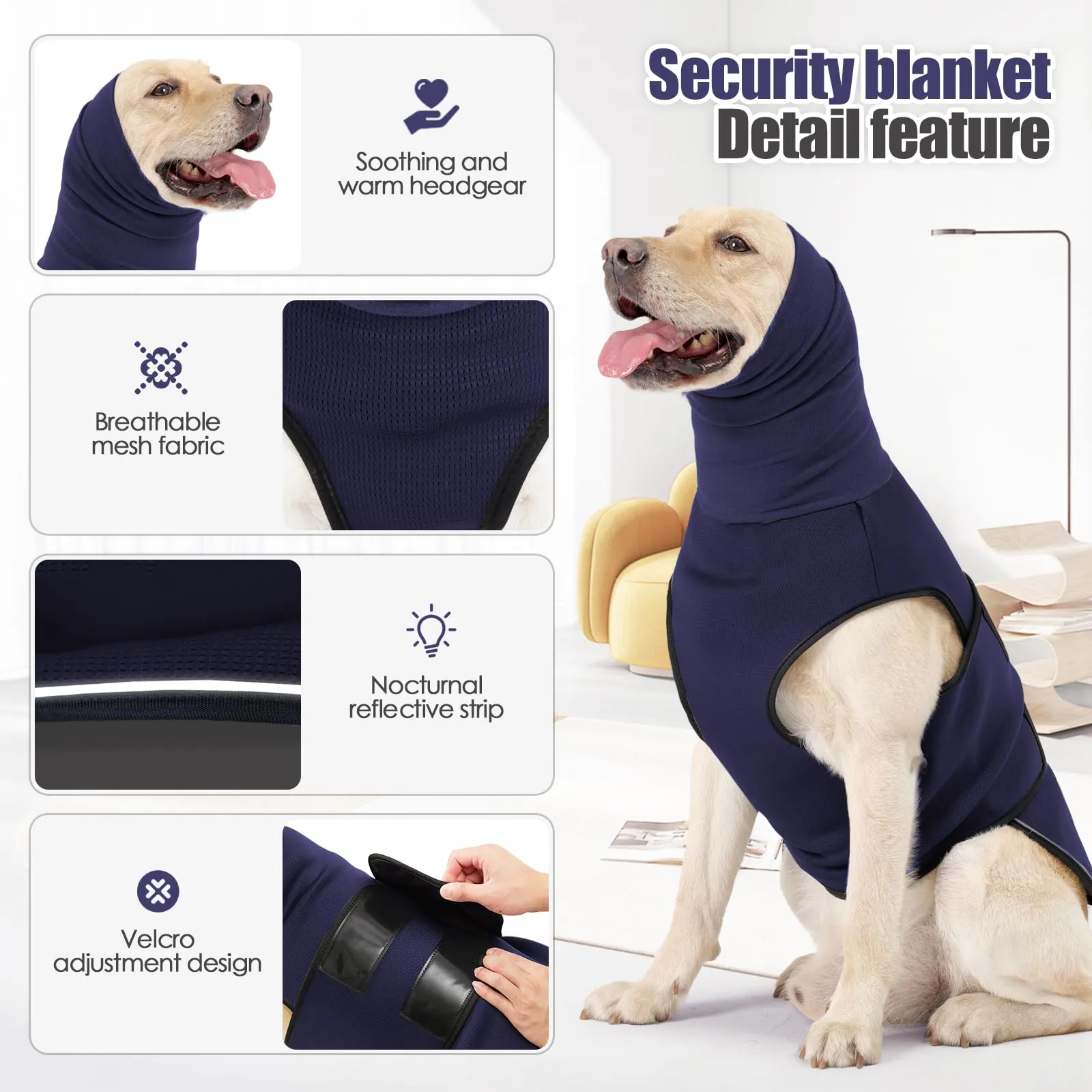 PAWIVID Giacca Calmante Ansiedad per Cani con Cappuccio e Strisce Riflettenti, Per Tempeste, Fuochi d'Artificio, Viaggi e Separazione Gilet Camicia per Cani (Blu, XS) - immagine 2