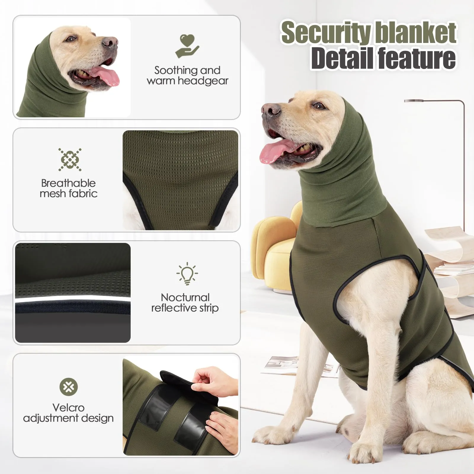 PAWIVID Giacca Calmante Ansiedad per Cani con Cappuccio e Strisce Riflettenti, Per Tempeste, Fuochi d'Artificio, Viaggi e Separazione Gilet Camicia per Cani (Verde, XXL) - immagine 2