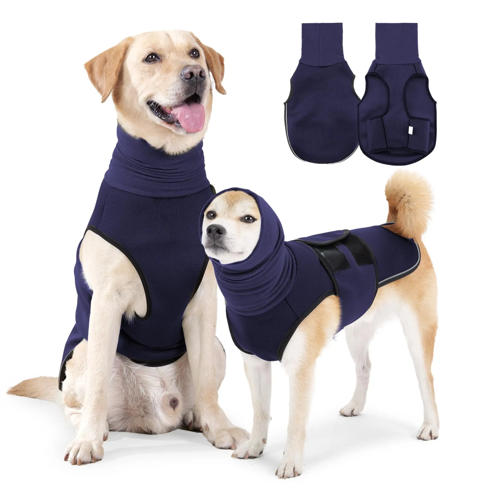 PAWIVID Giacca Calmante Ansiedad per Cani con Cappuccio e Strisce Riflettenti, Per Tempeste, Fuochi d'Artificio, Viaggi e Separazione Gilet Camicia per Cani (Blu, XL) - immagine 1