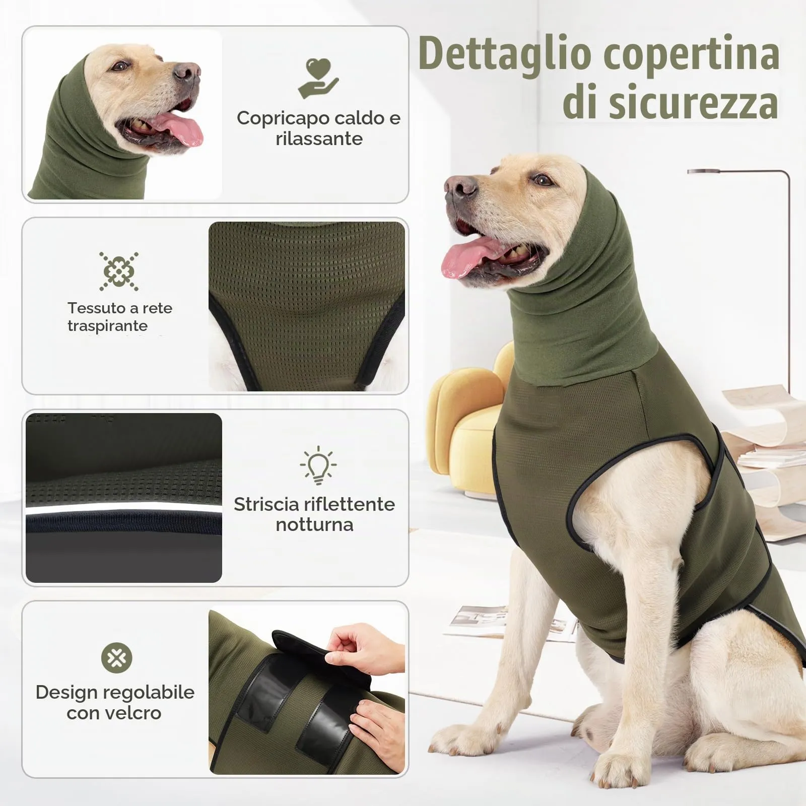 PAWIVID Giacca Calmante Ansiedad per Cani con Cappuccio e Strisce Riflettenti, Per Tempeste, Fuochi d'Artificio, Viaggi e Separazione Gilet Camicia per Cani (Verde, M) - immagine 2