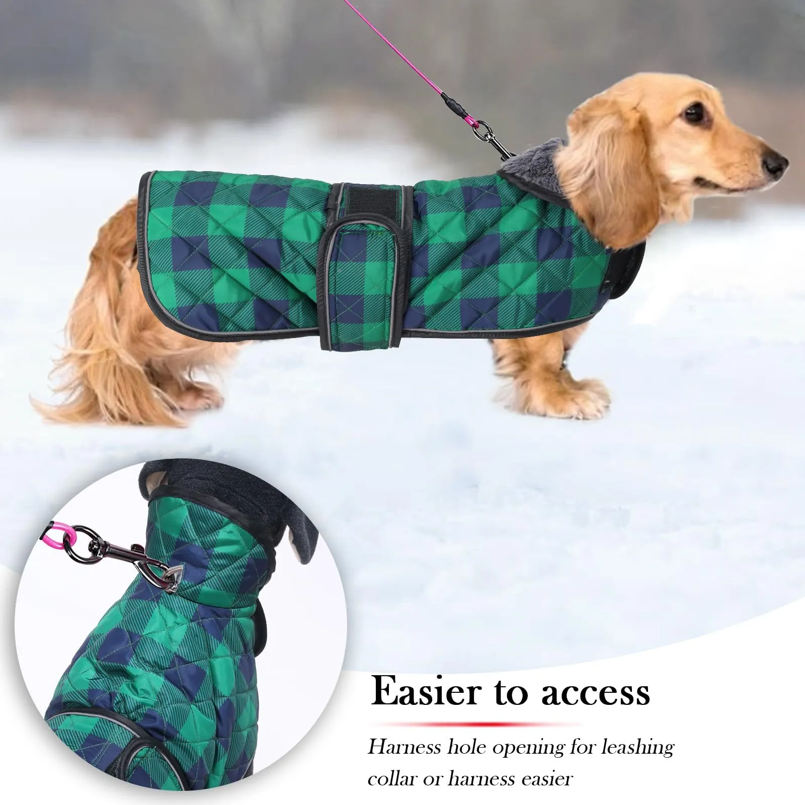 Geyecete, Cappotto impermeabile termico caldo trapuntato per cani bassotti con interno in caldo pile, abbigliamento da esterno per cani con fasce regolabili per cani-Verde-XS - immagine 3