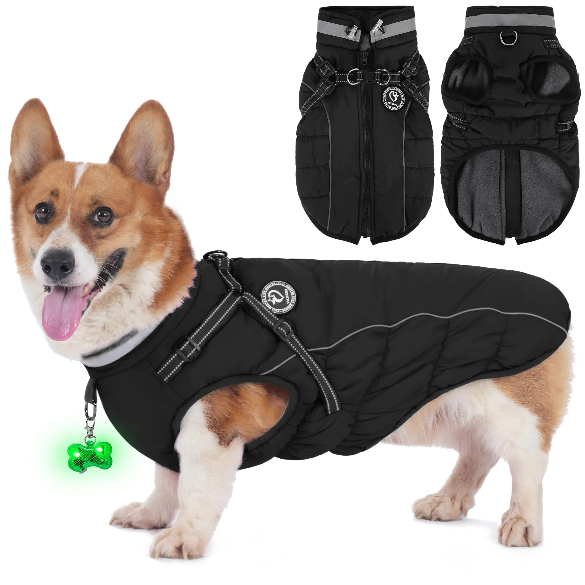 HezzLuv Giubbotto Invernale per Cani Impermeabile con Pettorina, Strisce Riflettenti & Collare LED, Foderato in Pile, Antivento/Regolabile – Cappotto Caldo per Cani Piccoli e Medi - immagine 1