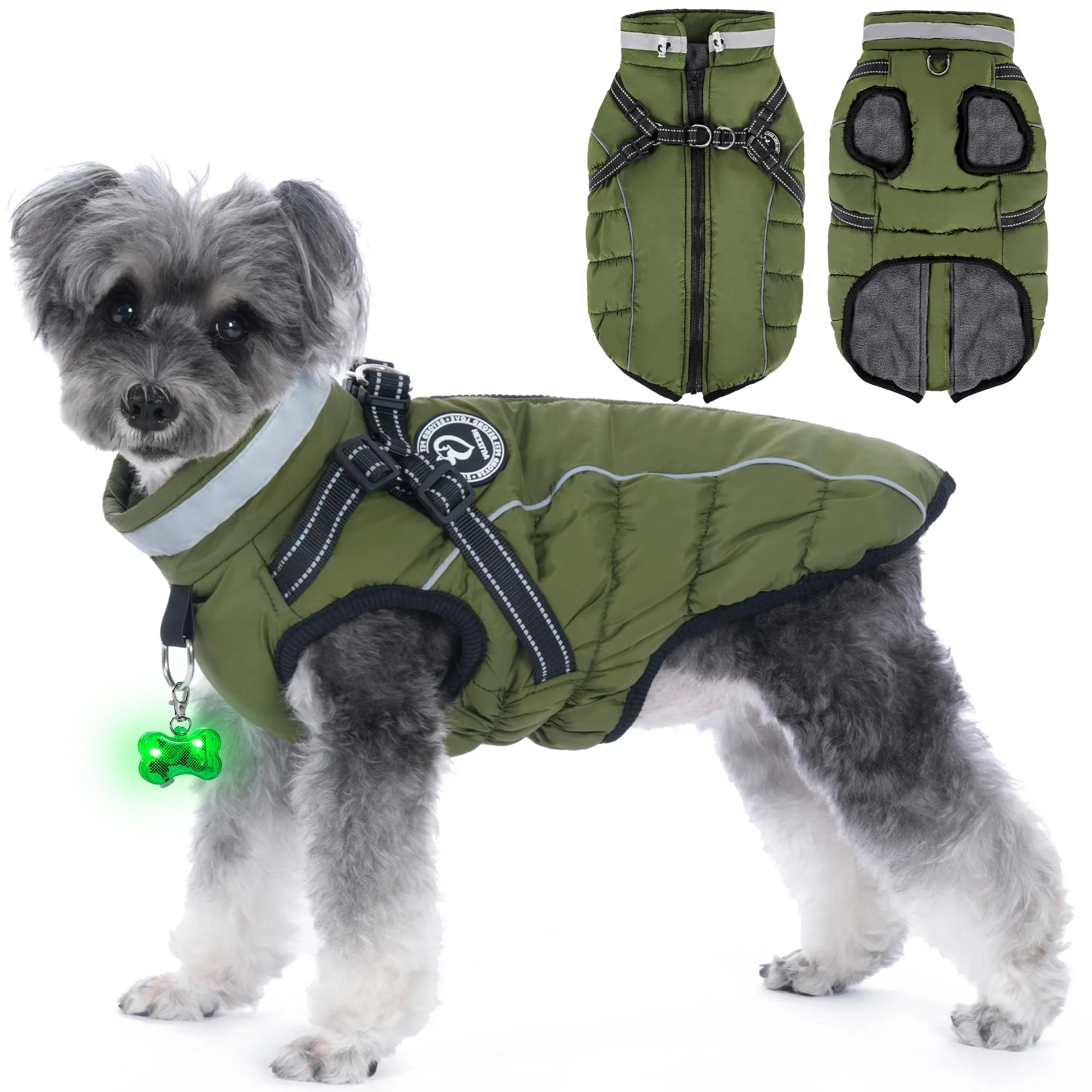 HezzLuv Giubbotto Invernale per Cani Impermeabile con Pettorina, Strisce Riflettenti & Collare LED, Foderato in Pile, Antivento/Regolabile – Cappotto Caldo per Cani Piccoli e Medi - immagine 1