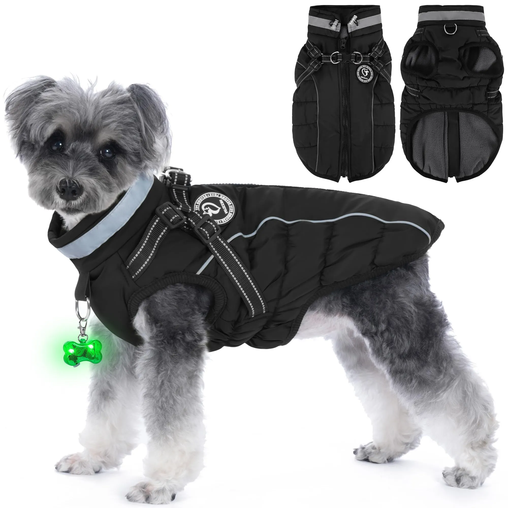 HezzLuv Giubbotto Invernale per Cani Impermeabile con Pettorina, Strisce Riflettenti & Collare LED, Foderato in Pile, Antivento/Regolabile – Cappotto Caldo per Cani Piccoli e Medi - immagine 1