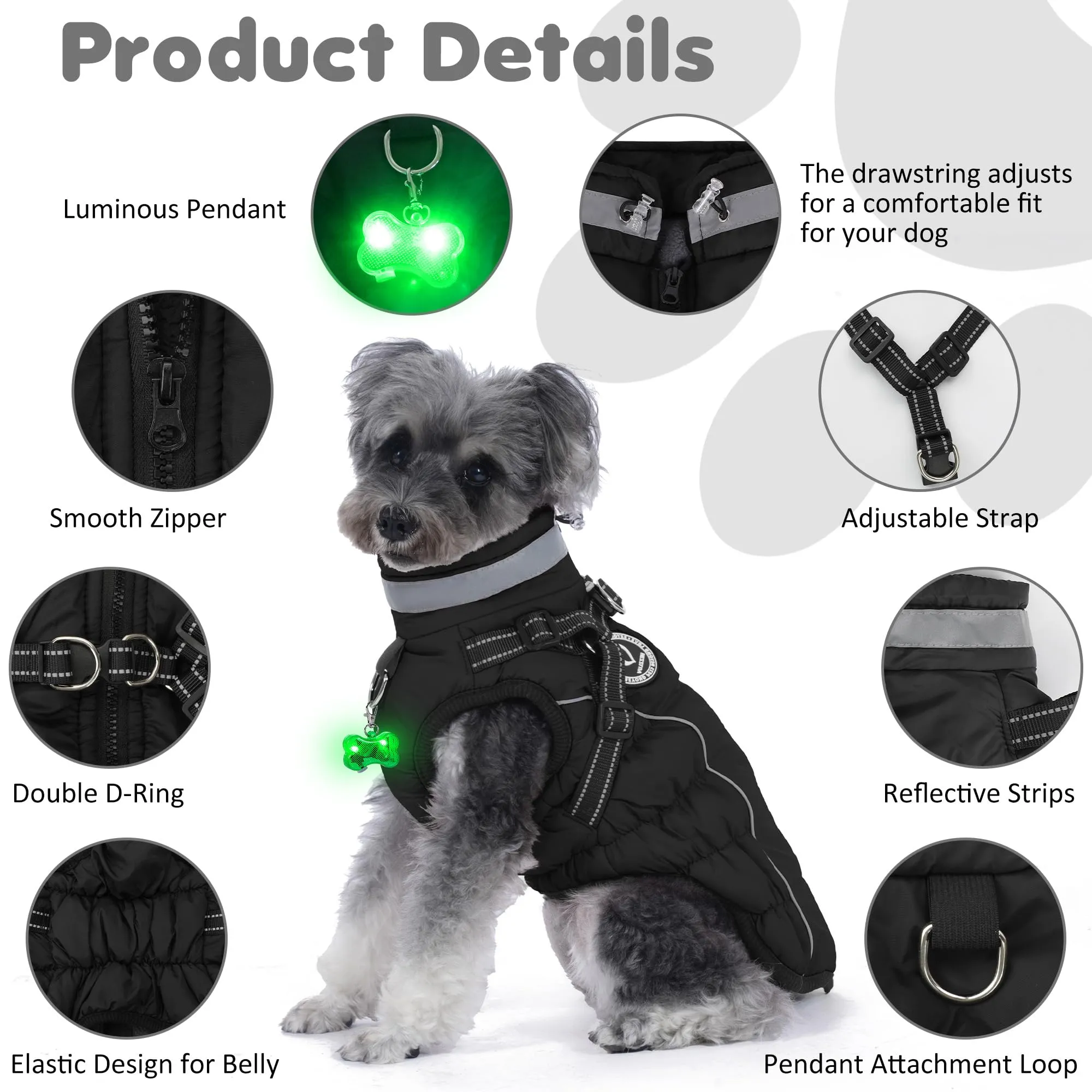 HezzLuv Giubbotto Invernale per Cani Impermeabile con Pettorina, Strisce Riflettenti & Collare LED, Foderato in Pile, Antivento/Regolabile – Cappotto Caldo per Cani Piccoli e Medi - immagine 4